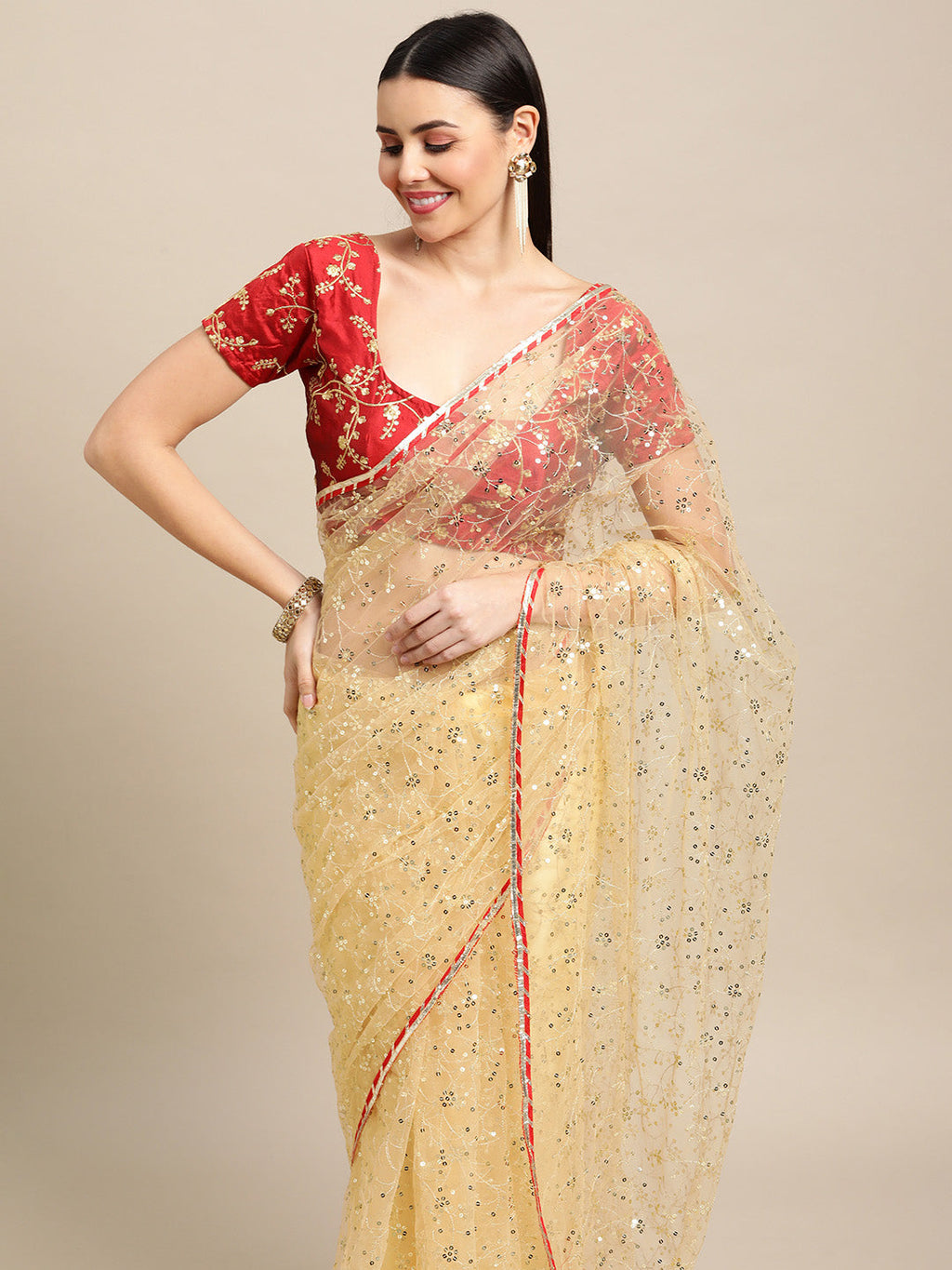 Jyoti Fashion Women's White Net Embroidered Designer Saree with Blouse