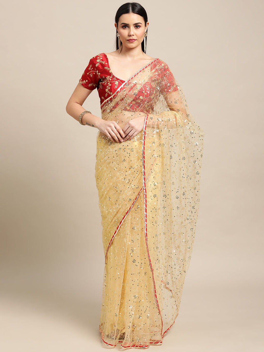 Jyoti Fashion Women's White Net Embroidered Designer Saree with Blouse