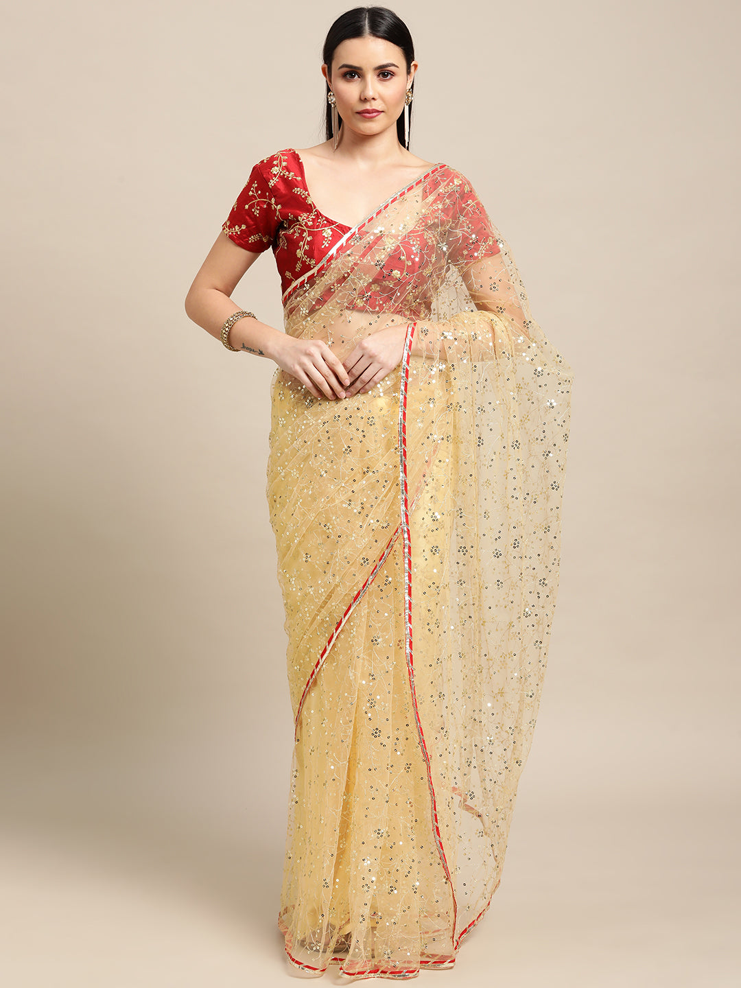 Jyoti Fashion Women's White Net Embroidered Designer Saree with Blouse