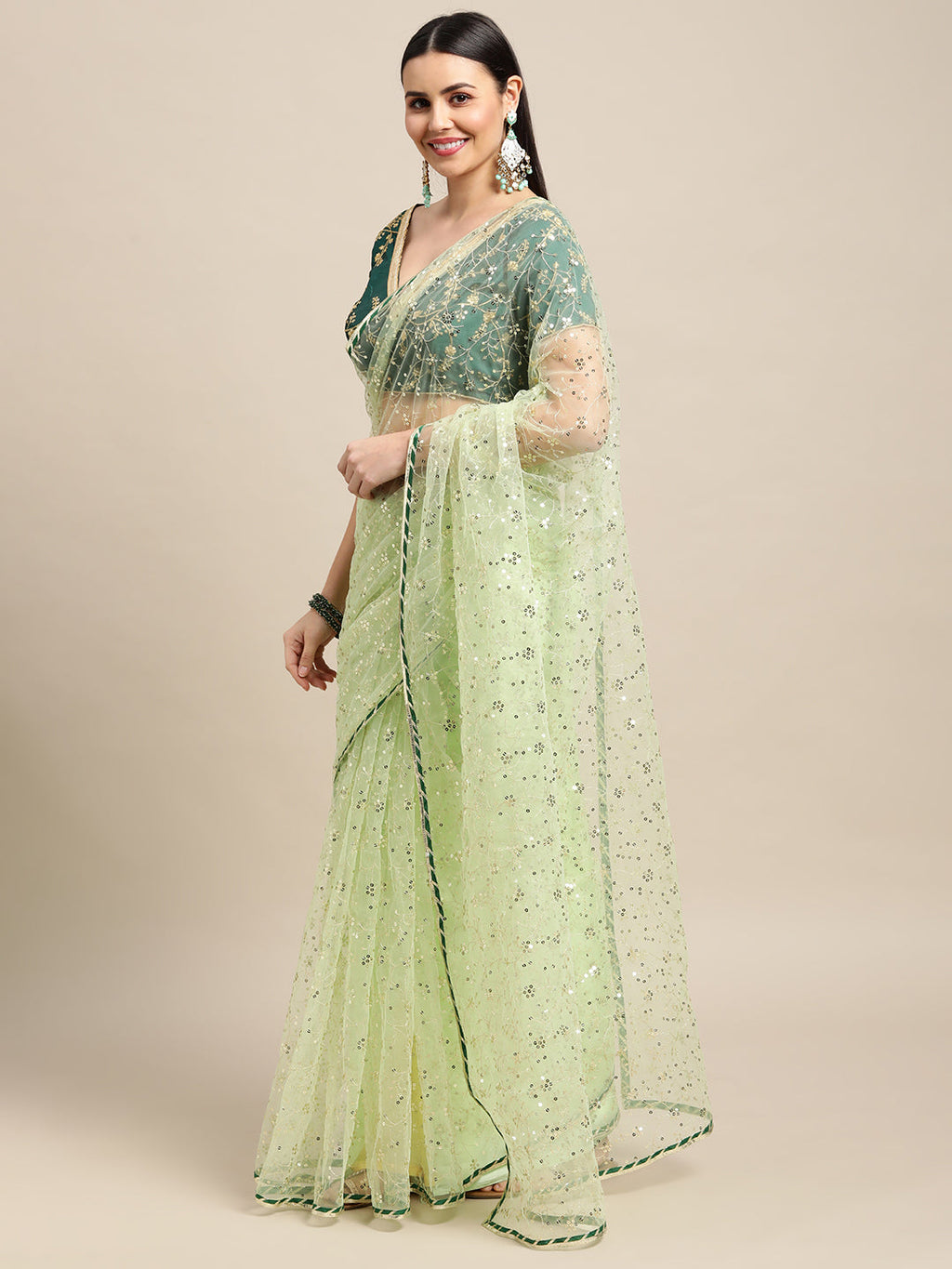 Jyoti Fashion Women's Green Net Embroidered Designer Saree with Blouse
