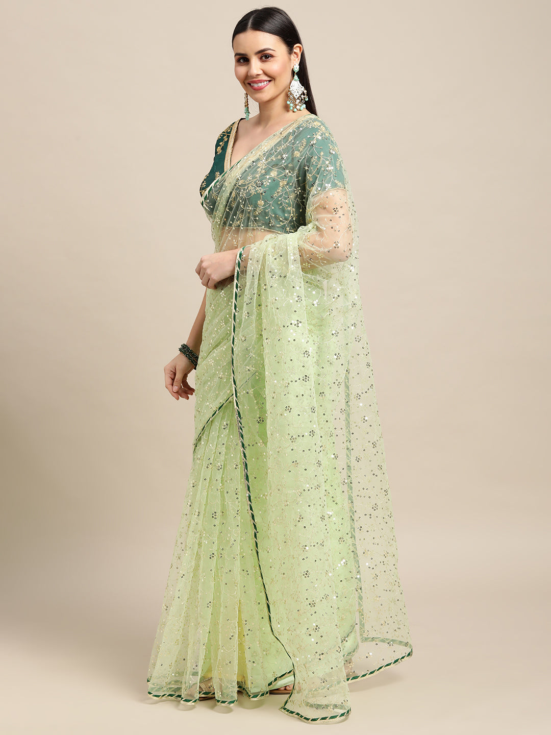 Jyoti Fashion Women's Green Net Embroidered Designer Saree with Blouse