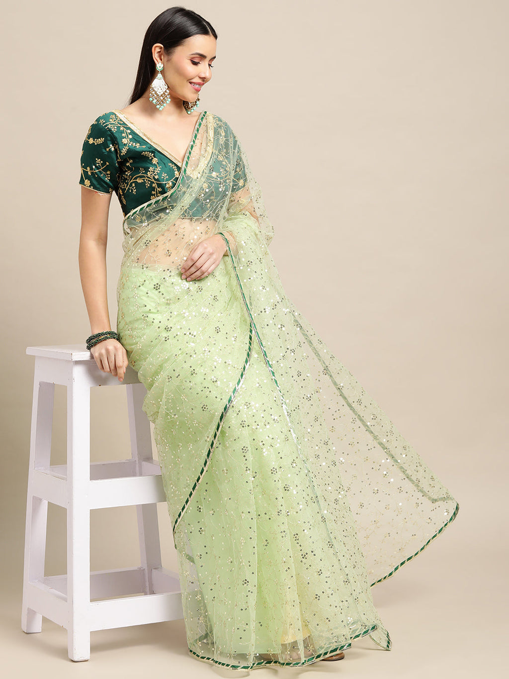 Jyoti Fashion Women's Green Net Embroidered Designer Saree with Blouse