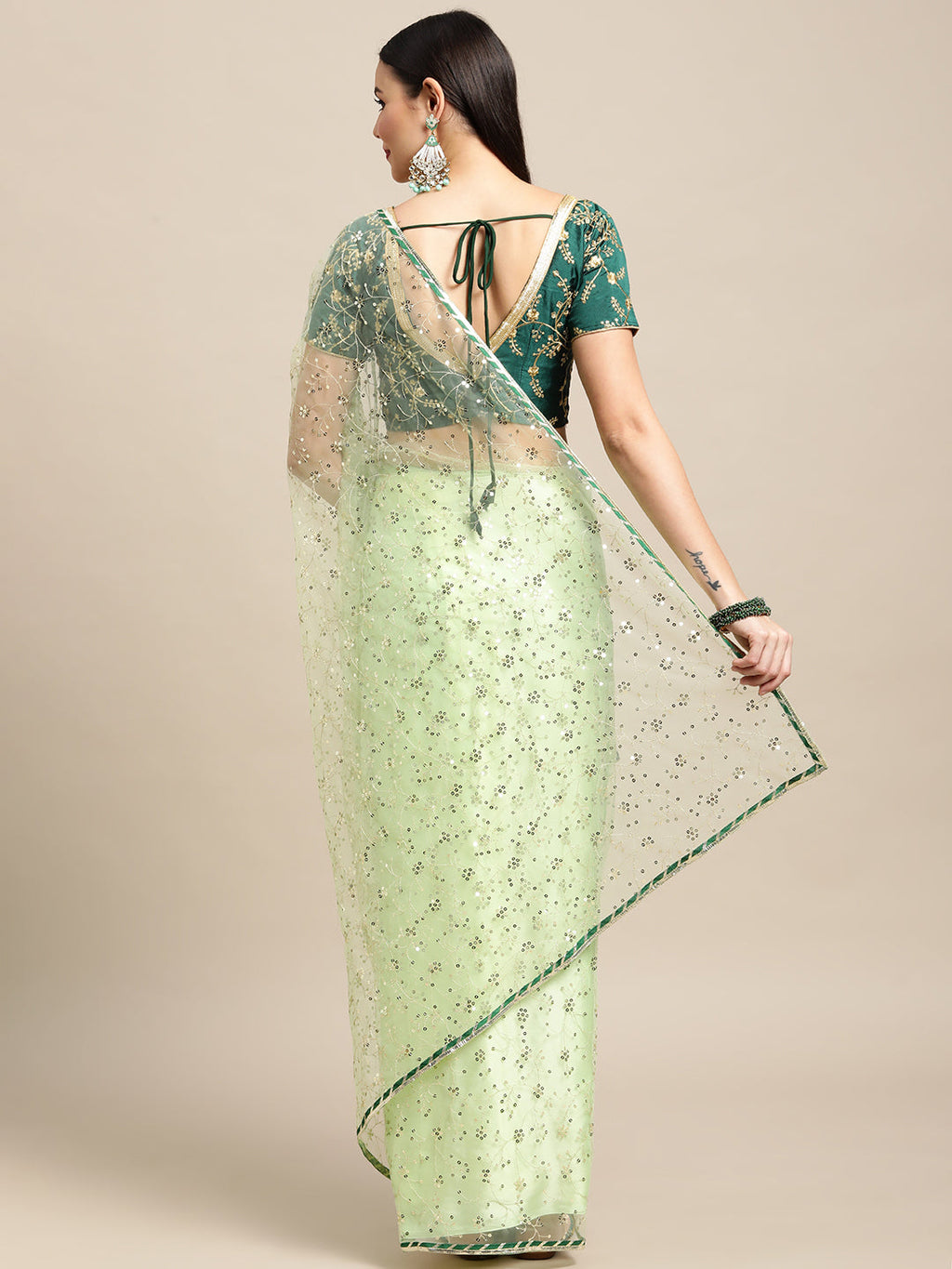 Jyoti Fashion Women's Green Net Embroidered Designer Saree with Blouse