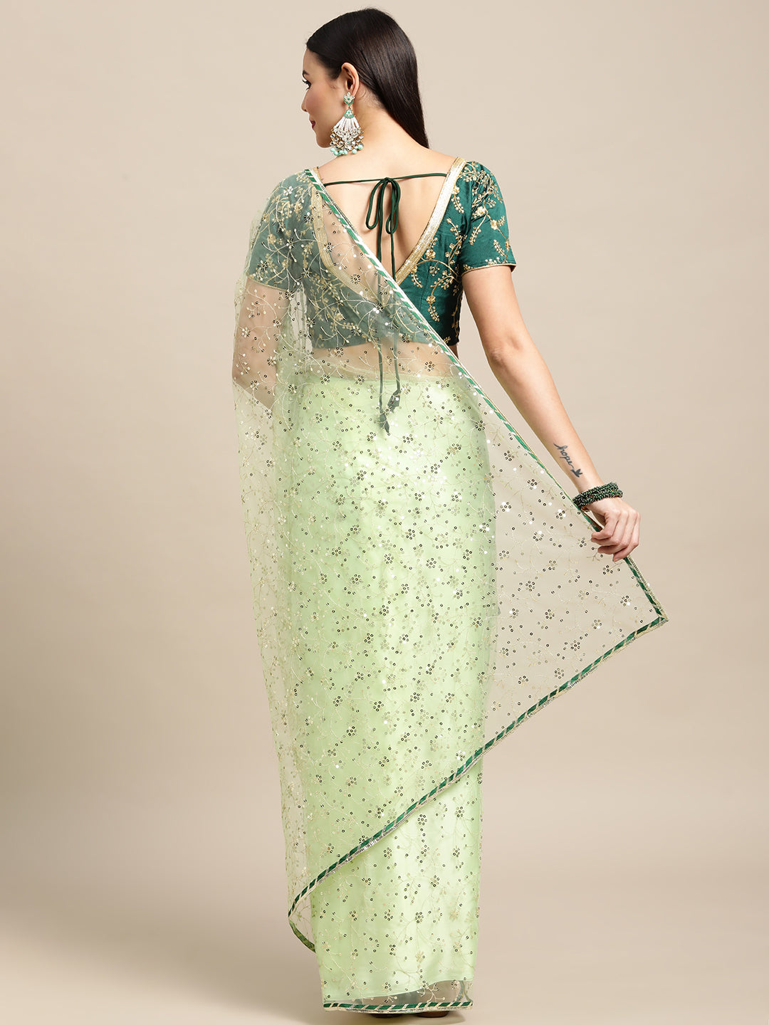 Jyoti Fashion Women's Green Net Embroidered Designer Saree with Blouse