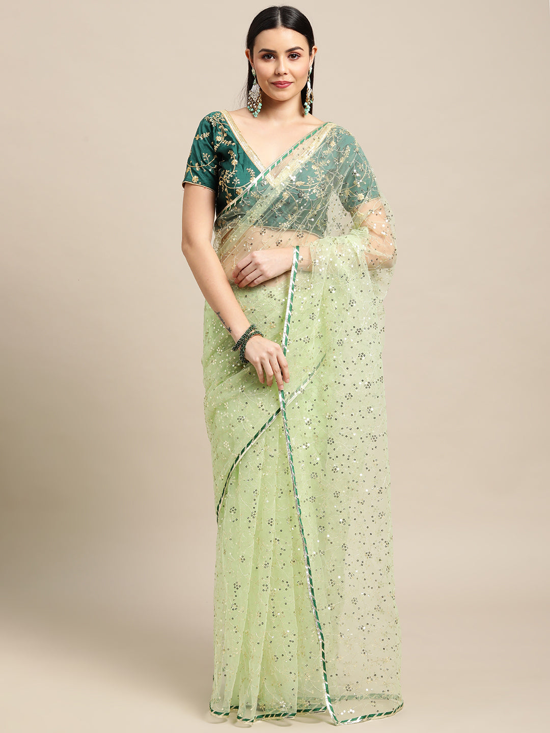 Jyoti Fashion Women's Green Net Embroidered Designer Saree with Blouse