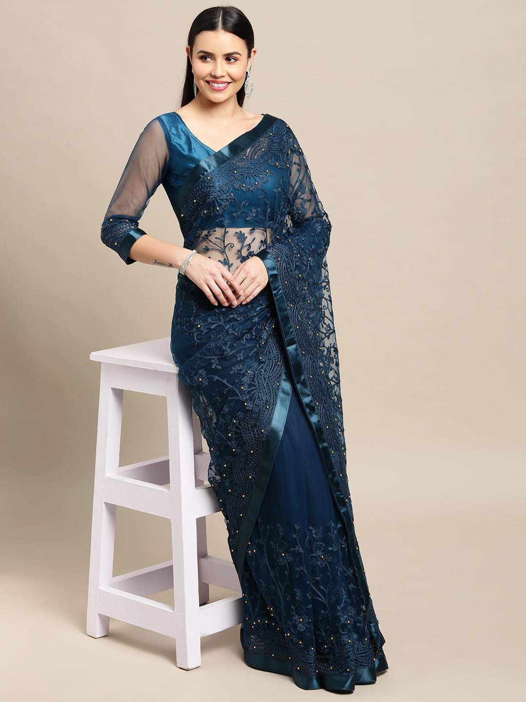 Jyoti Fashion Women's Blue Net Embroidered Designer Saree with Blouse