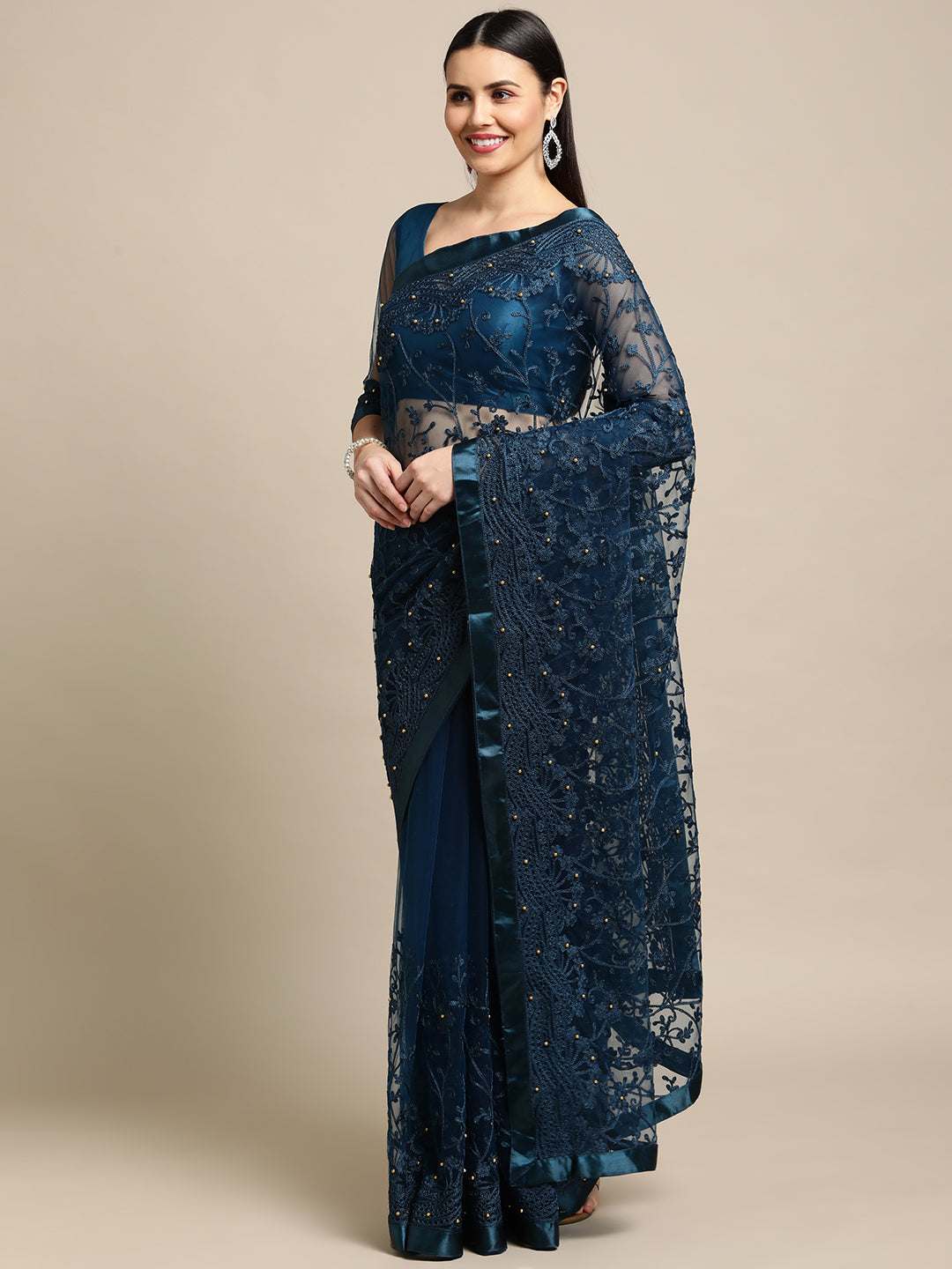 Jyoti Fashion Women's Blue Net Embroidered Designer Saree with Blouse