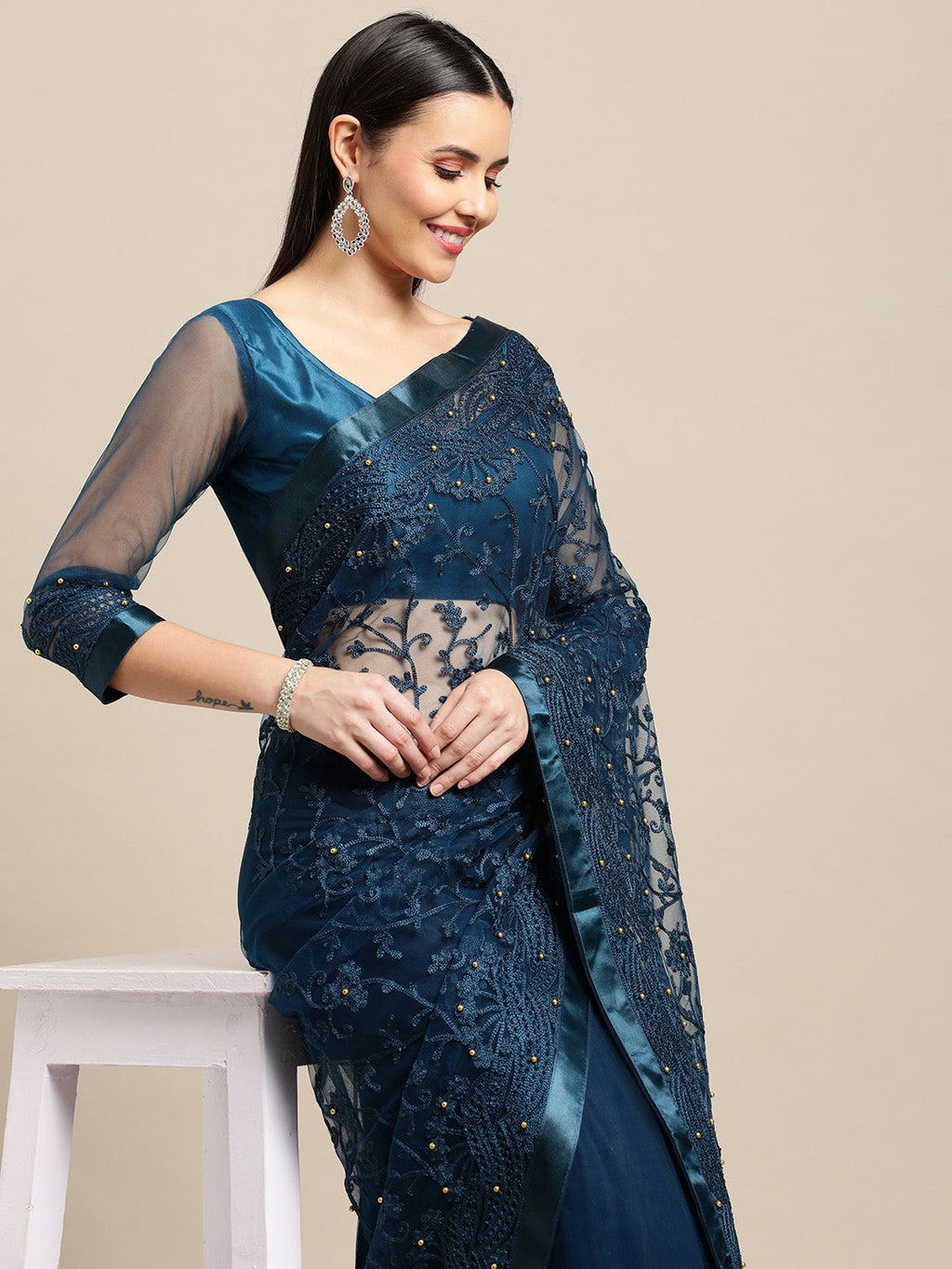 Jyoti Fashion Women's Blue Net Embroidered Designer Saree with Blouse