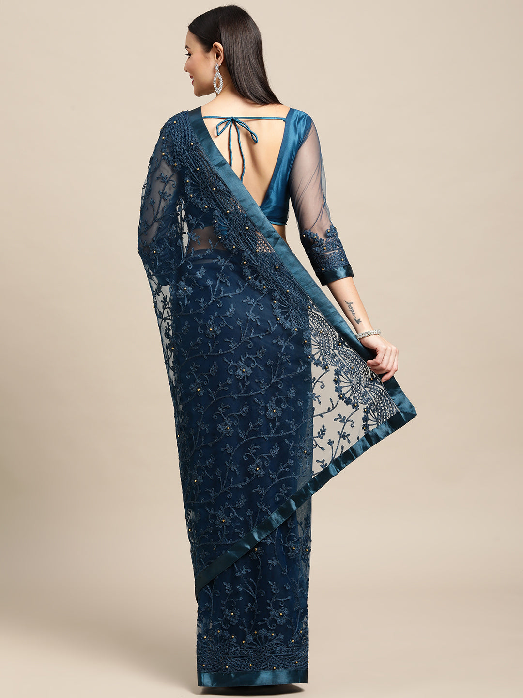 Jyoti Fashion Women's Blue Net Embroidered Designer Saree with Blouse