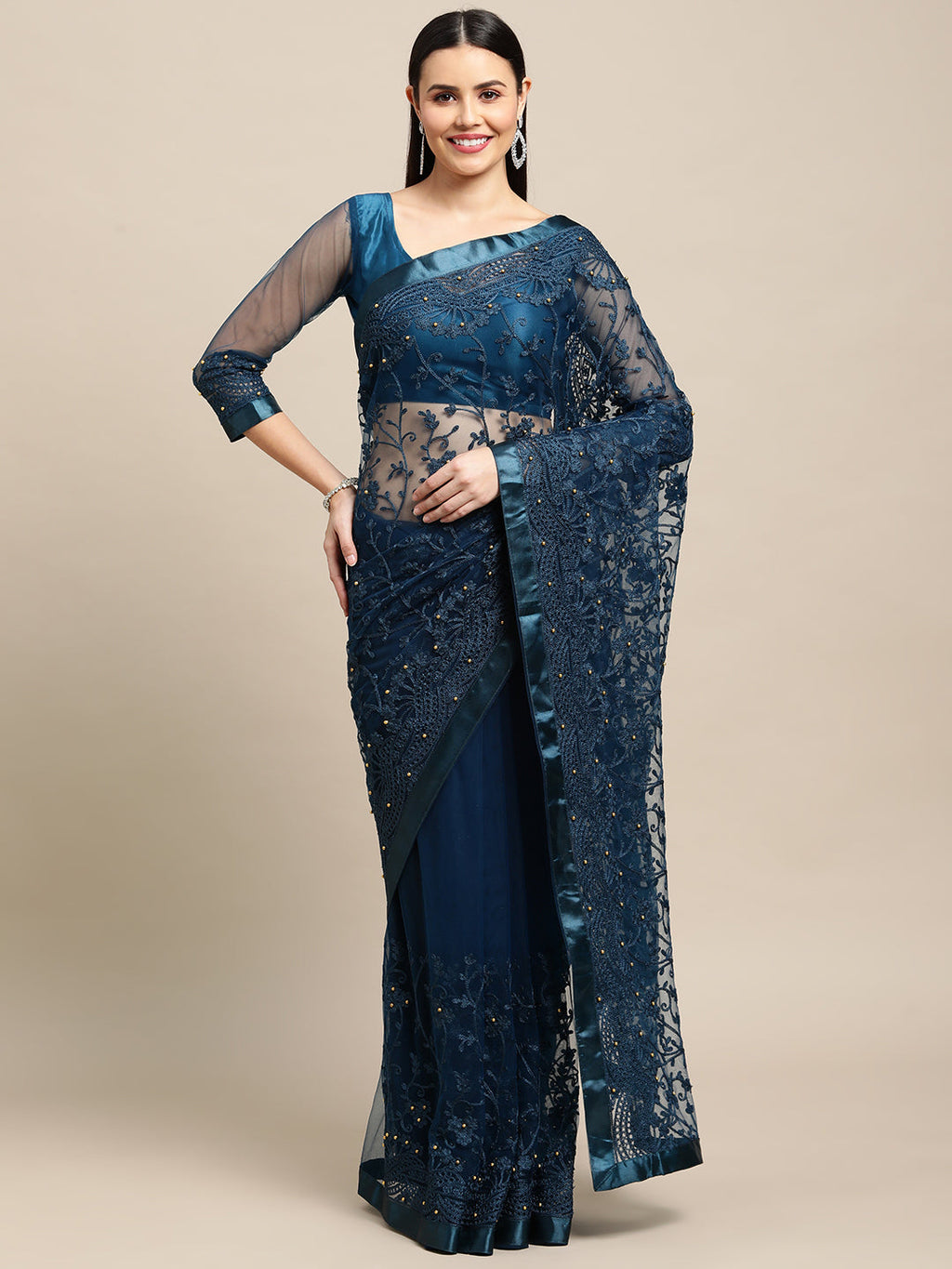 Jyoti Fashion Women's Blue Net Embroidered Designer Saree with Blouse