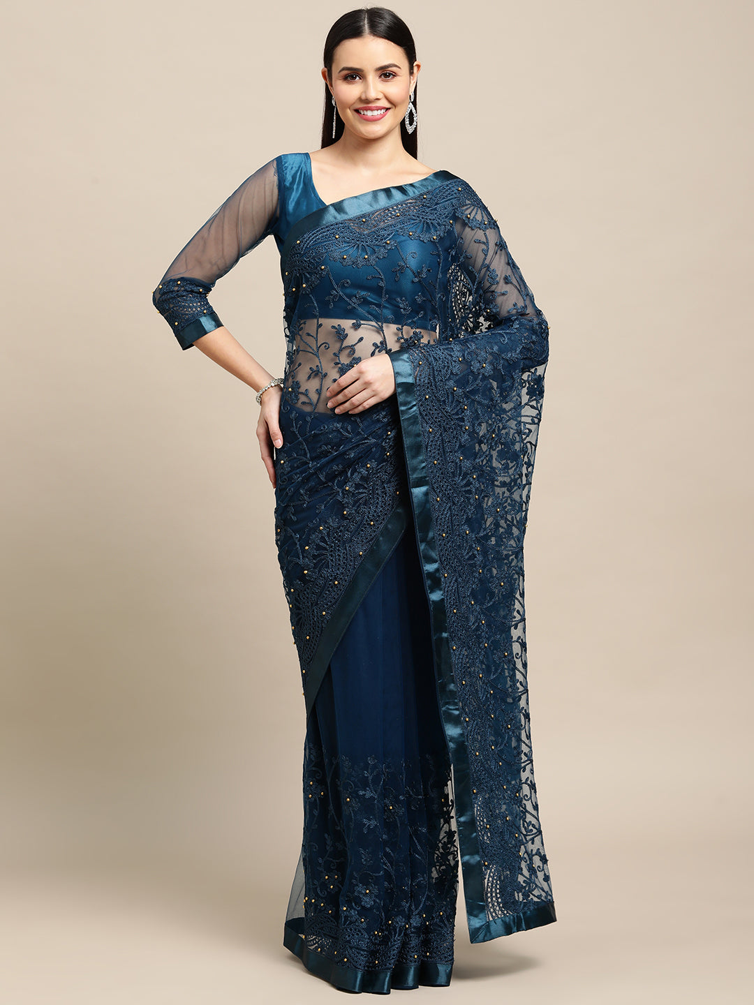 Jyoti Fashion Women's Blue Net Embroidered Designer Saree with Blouse