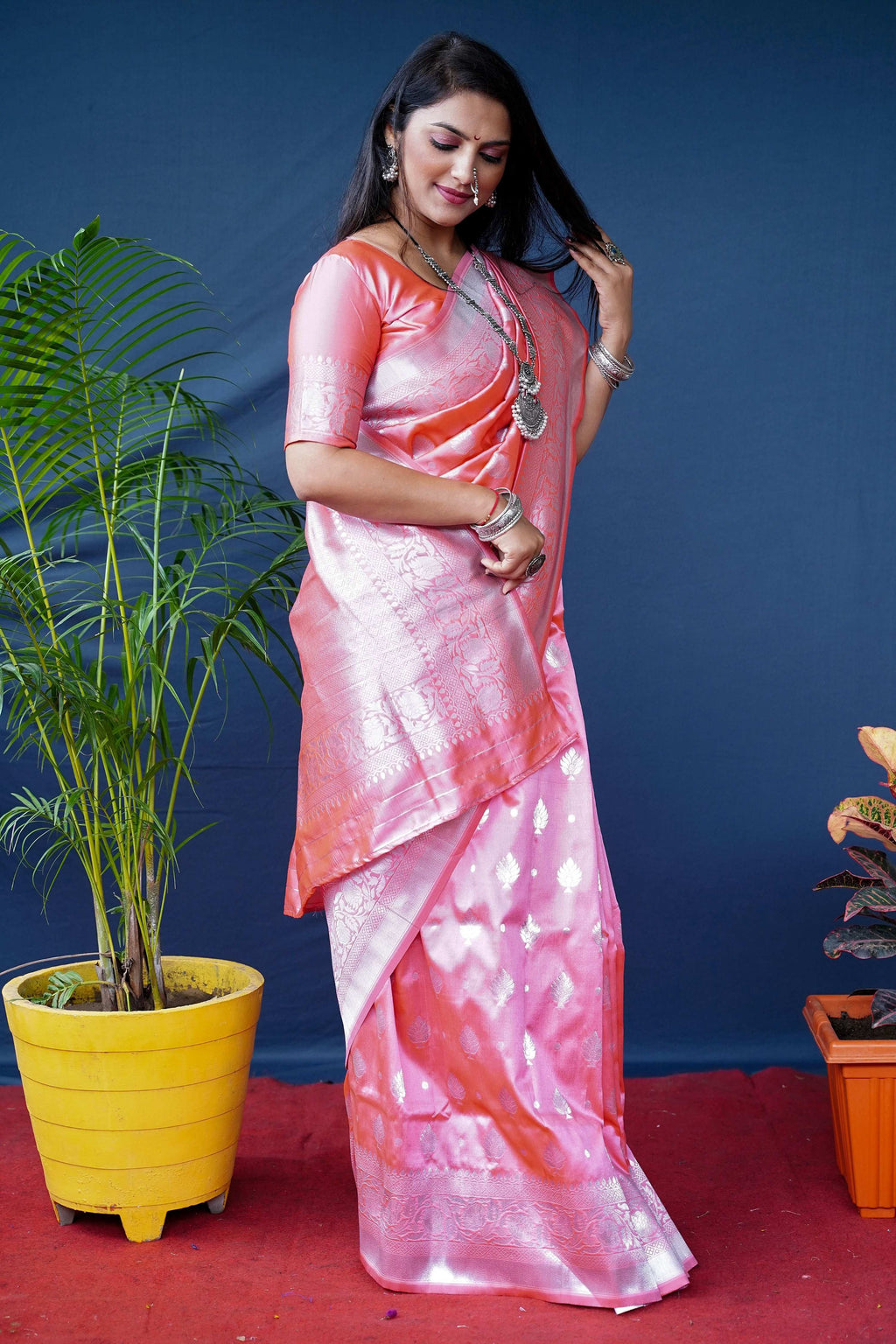 Jyoti Fashion Women's Peach Soft Banarasi Silk Zari Woven Saree with Blouse
