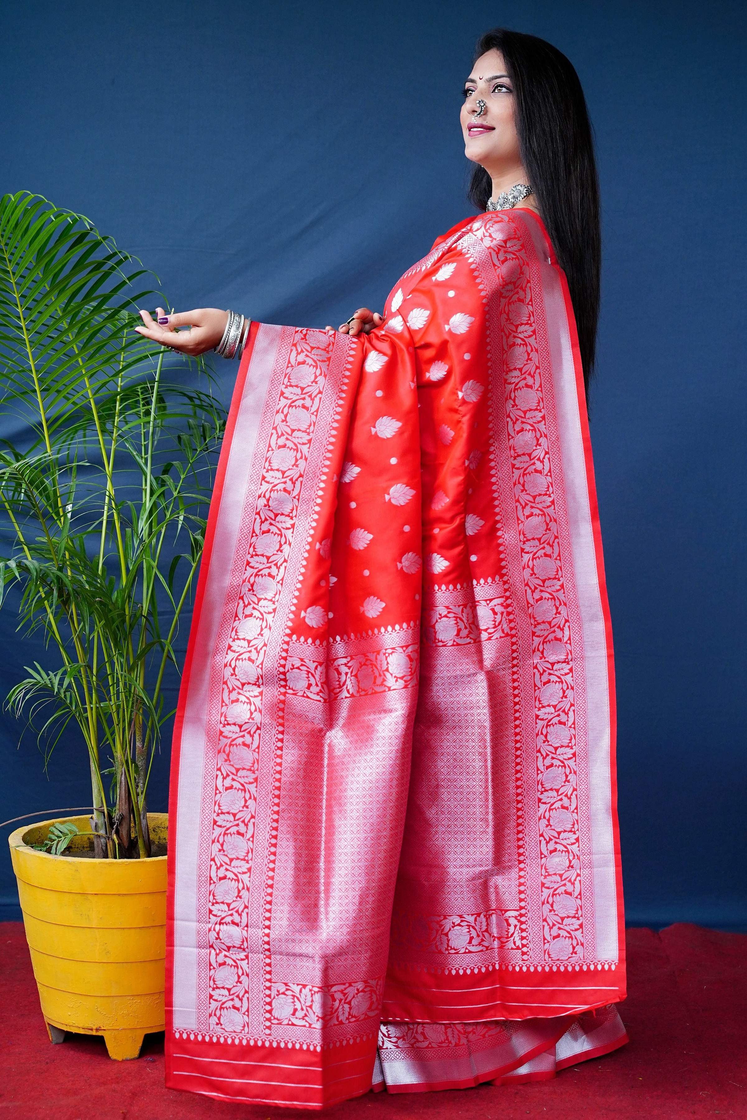 Jyoti Fashion Women's Red Soft Banarasi Silk Zari Woven Saree with Blouse