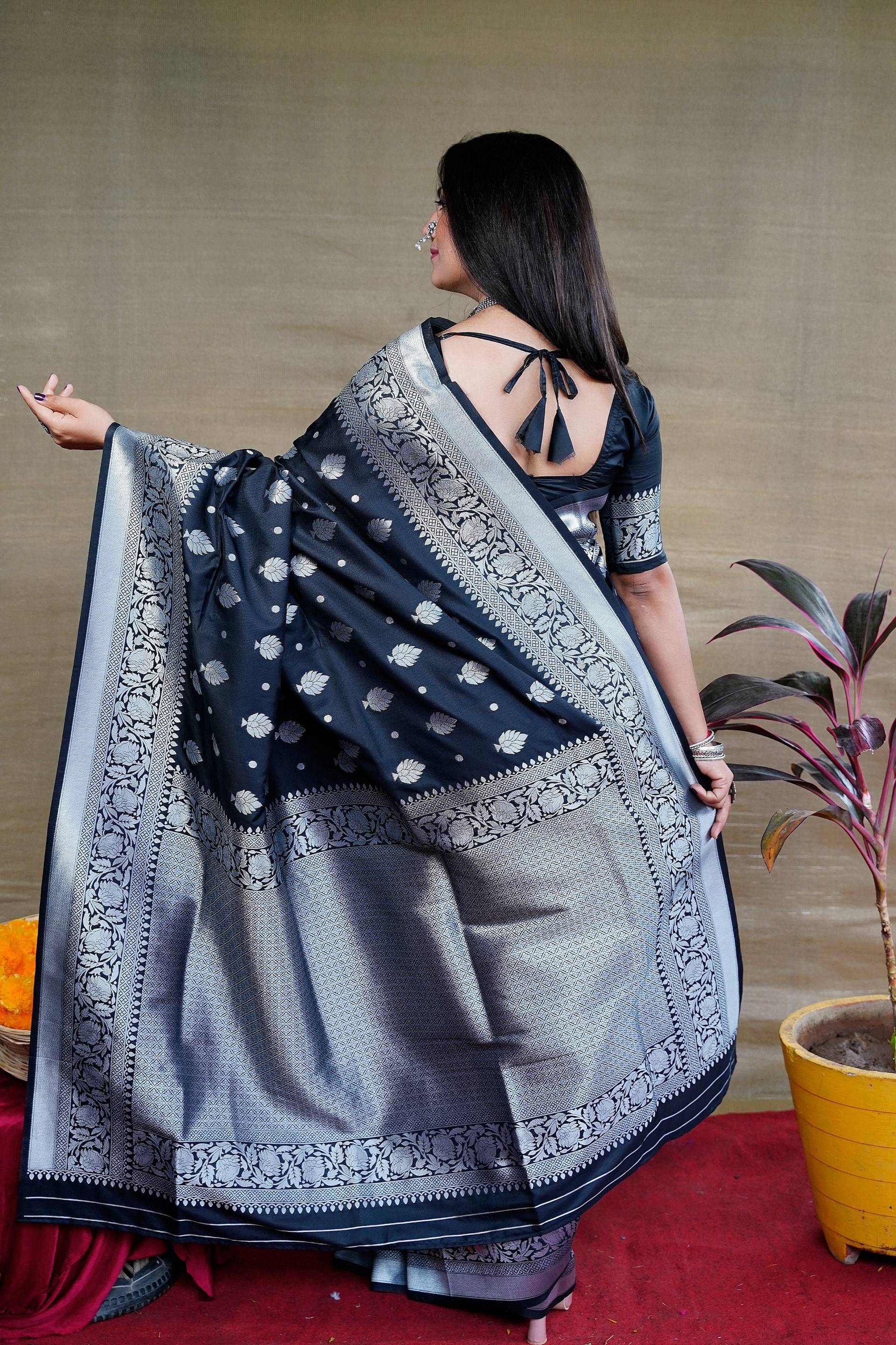Jyoti Fashion Women's Black Soft Banarasi Silk Zari Woven Saree with Blouse