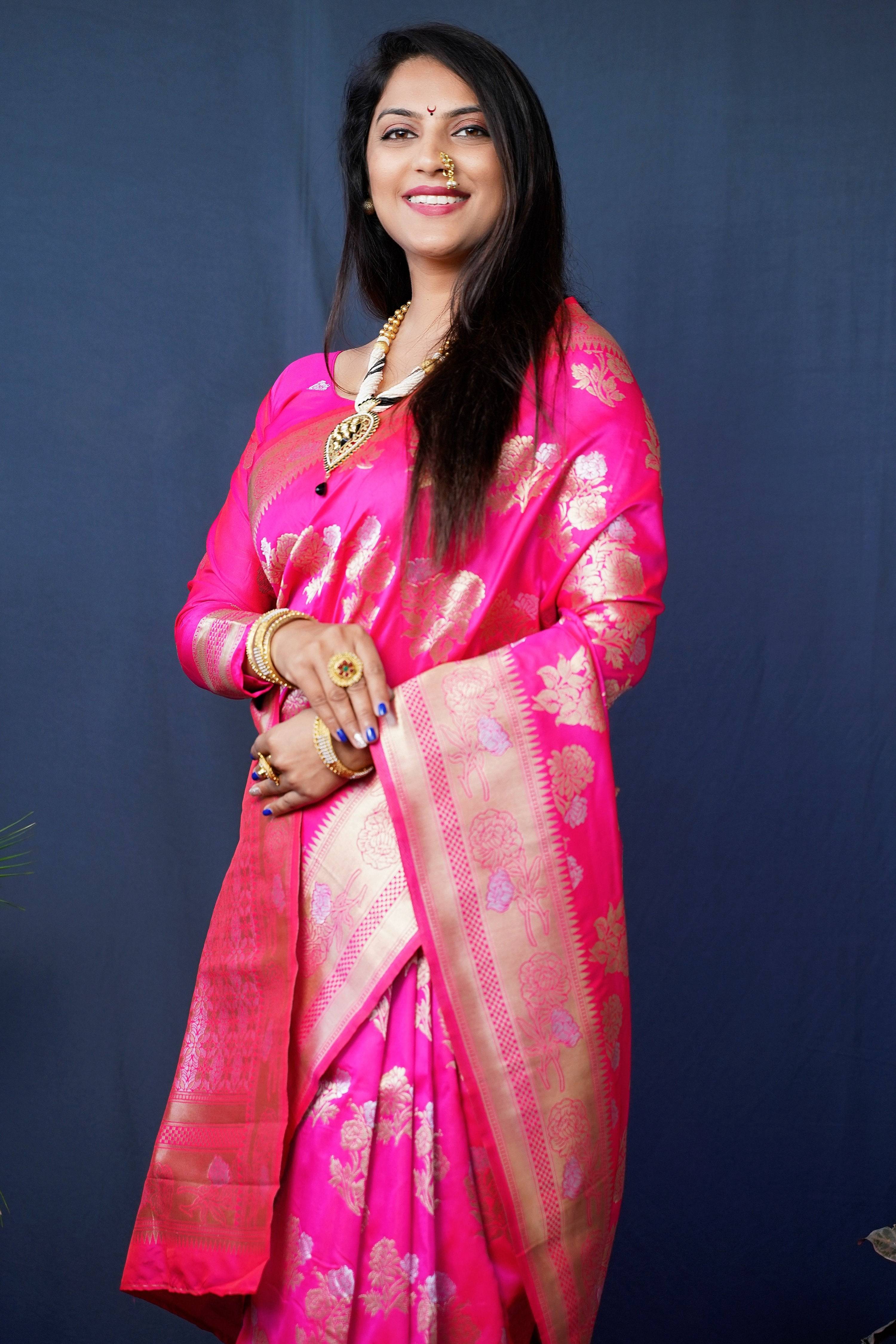 Jyoti Fashion Women's Pink Handloom Banarasi Silk Zari Woven Saree with Blouse