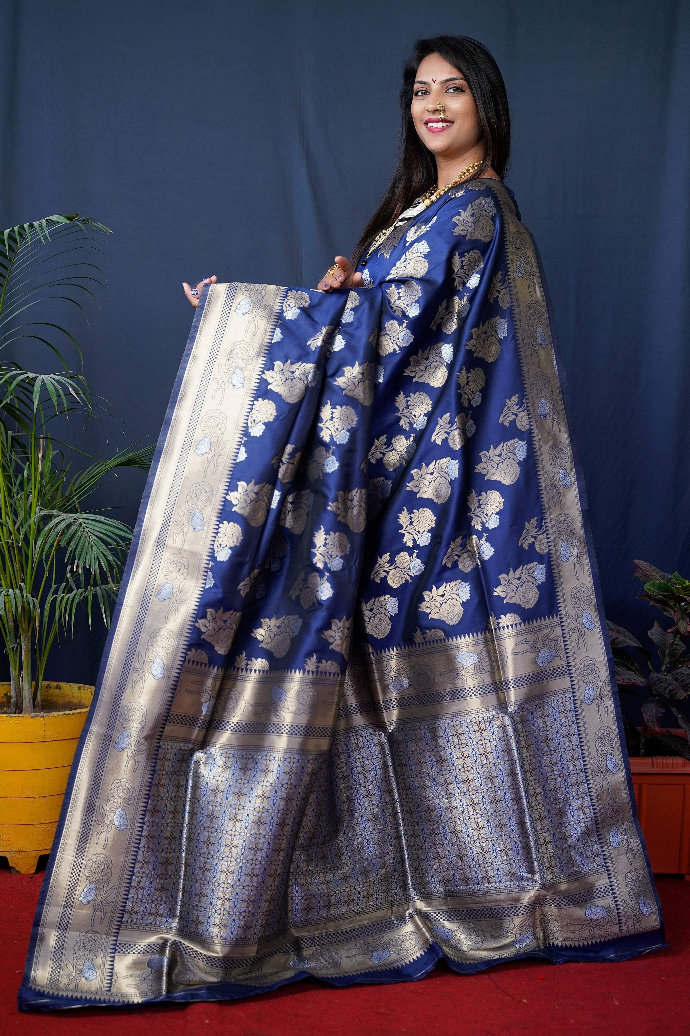 Jyoti Fashion Women's Navy Blue Handloom Banarasi Silk Zari Woven Saree with Blouse