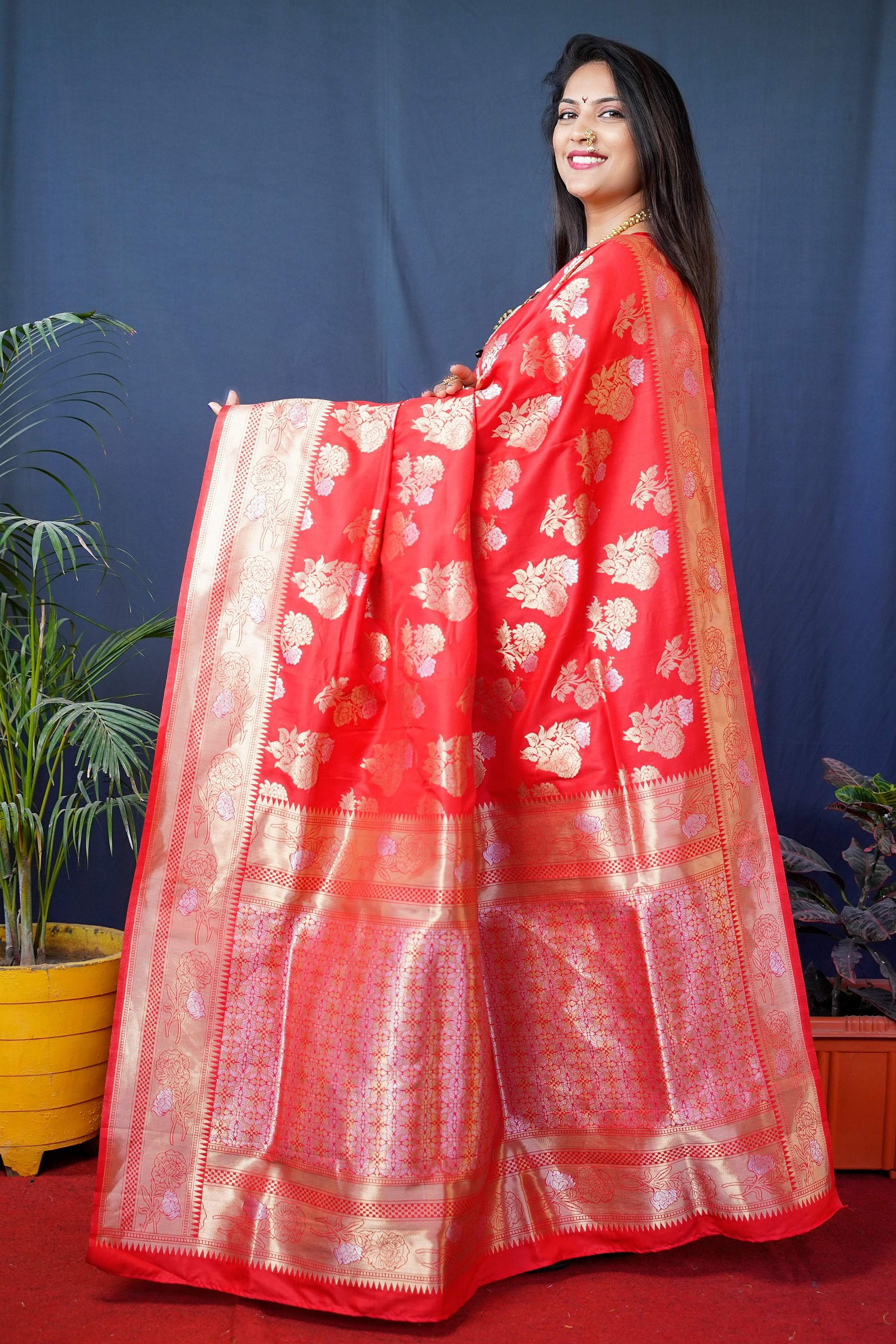 Jyoti Fashion Women's Red Handloom Banarasi Silk Zari Woven Saree with Blouse