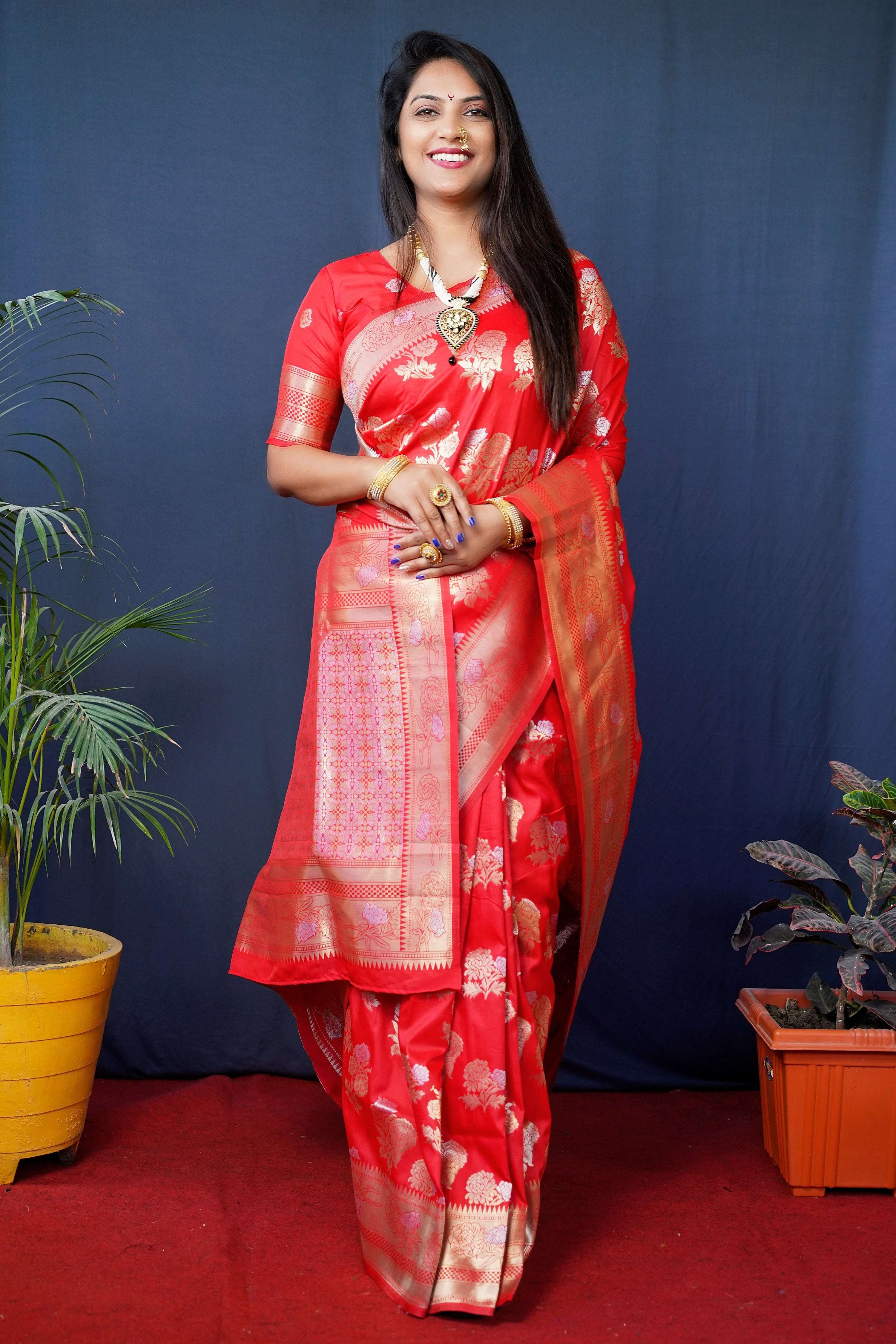 Jyoti Fashion Women's Red Handloom Banarasi Silk Zari Woven Saree with Blouse