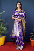 Jyoti Fashion Women's Purple Handloom Banarasi Silk Zari Woven Saree with Blouse