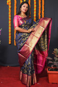 Jyoti Fashion Women's Navy Blue Kanchipuram Silk Zari Woven Saree with Blouse
