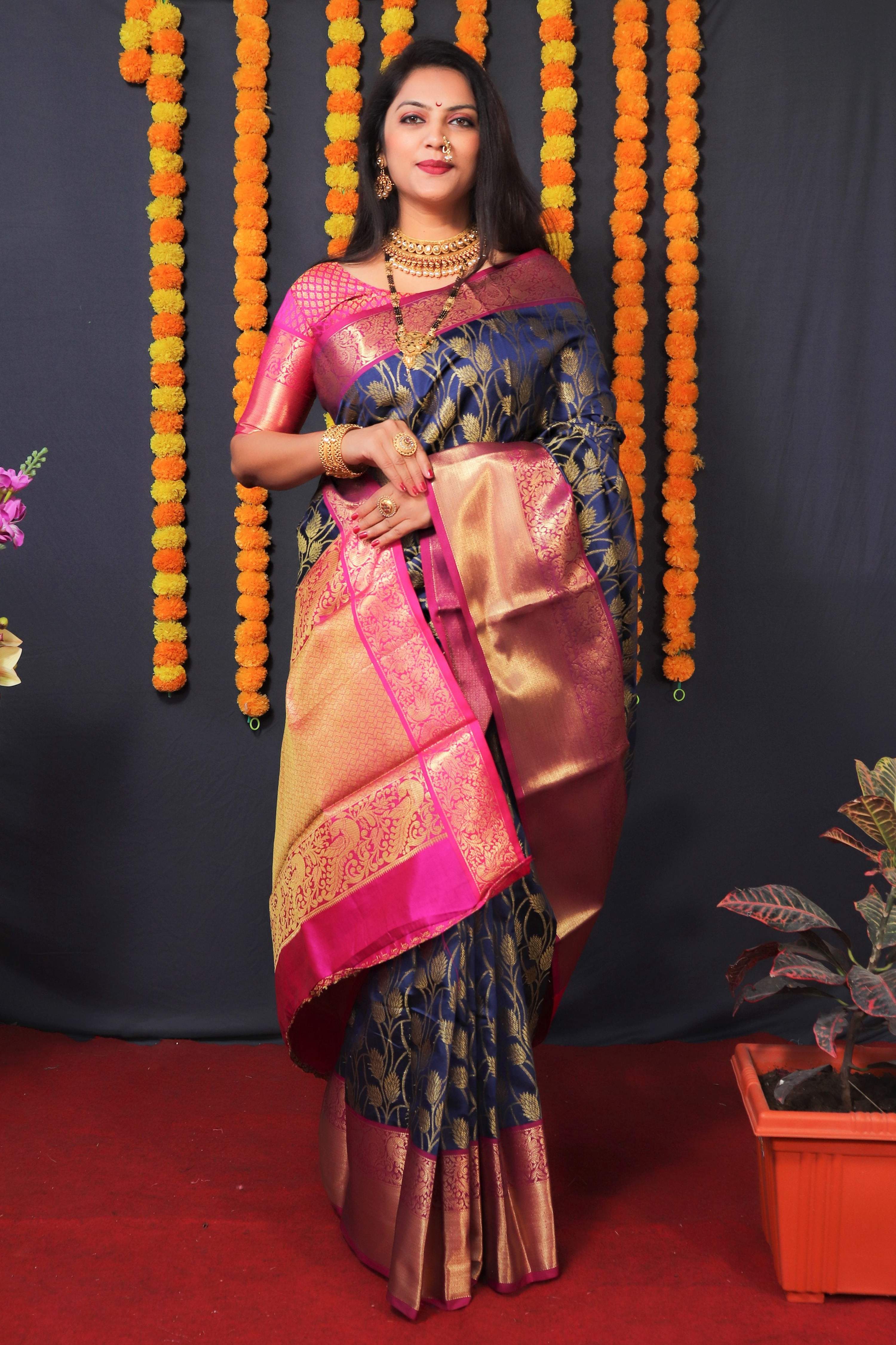 Jyoti Fashion Women's Navy Blue Kanchipuram Silk Zari Woven Saree with Blouse