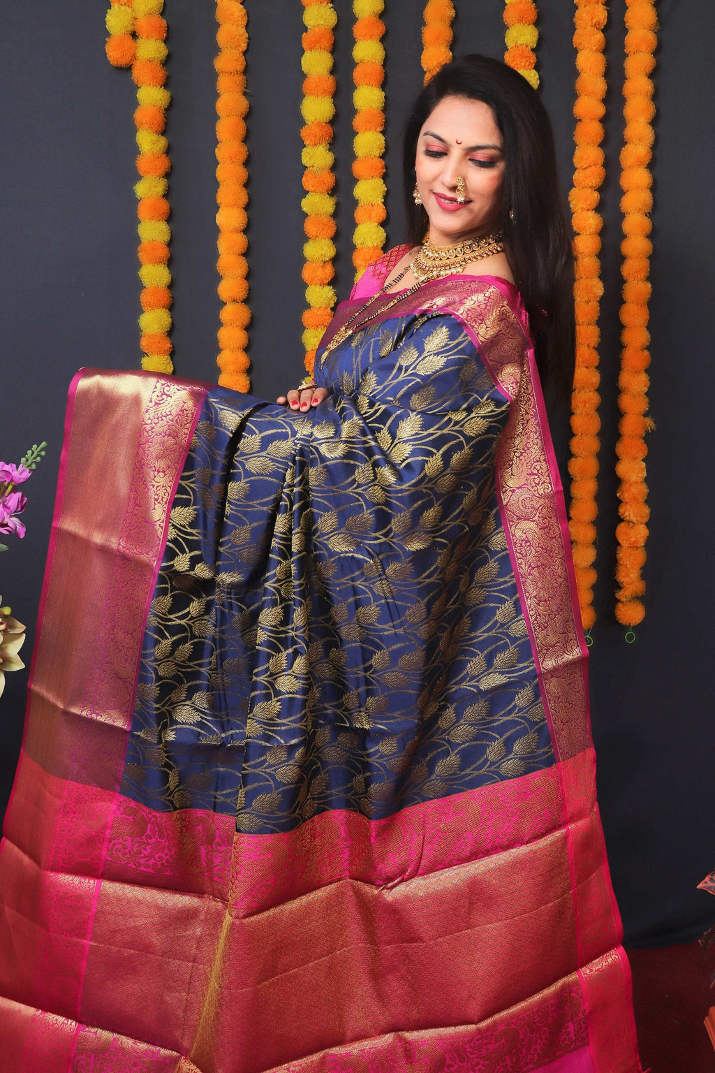 Jyoti Fashion Women's Navy Blue Kanchipuram Silk Zari Woven Saree with Blouse