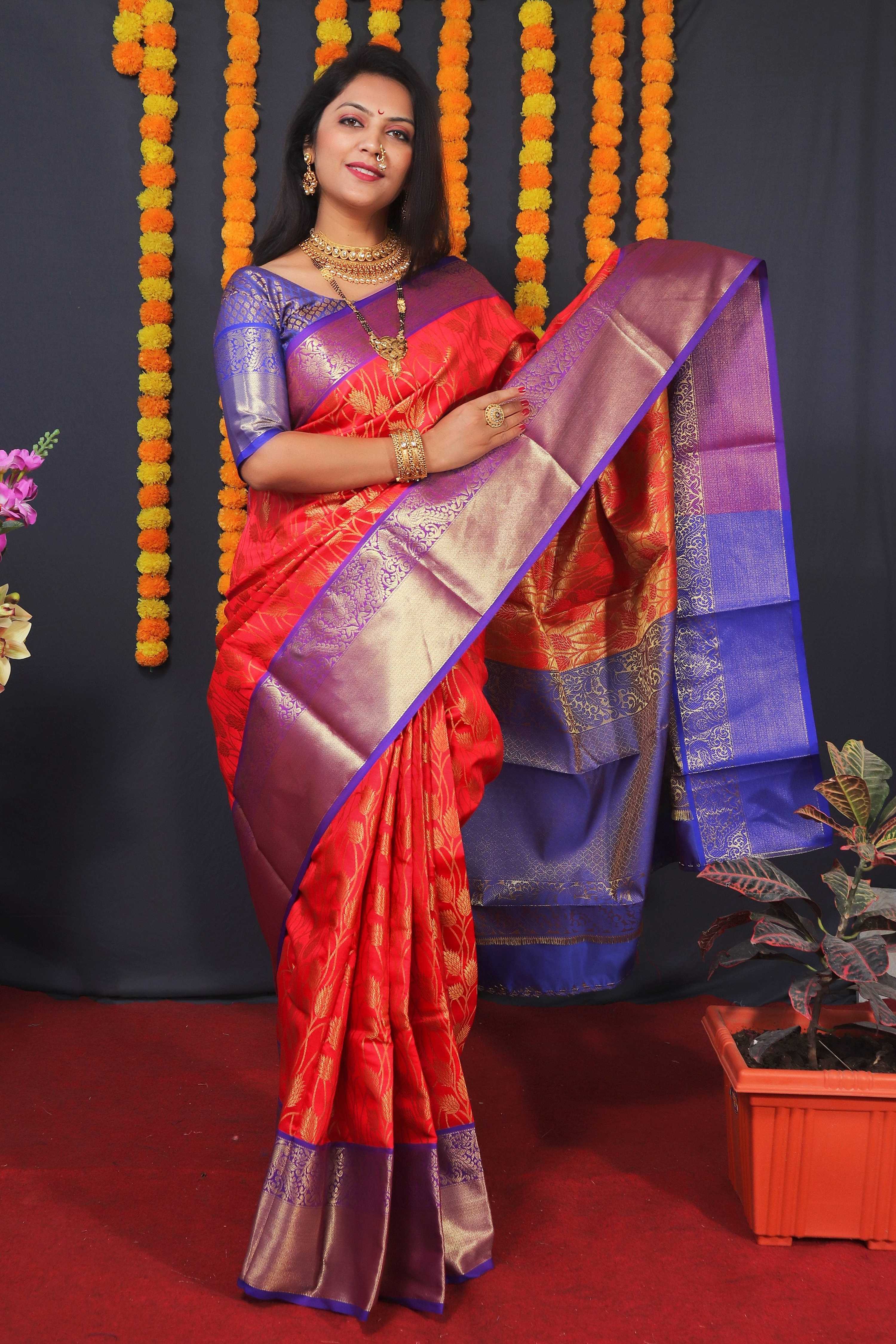 Jyoti Fashion Women's Red Kanchipuram Silk Zari Woven Saree with Blouse
