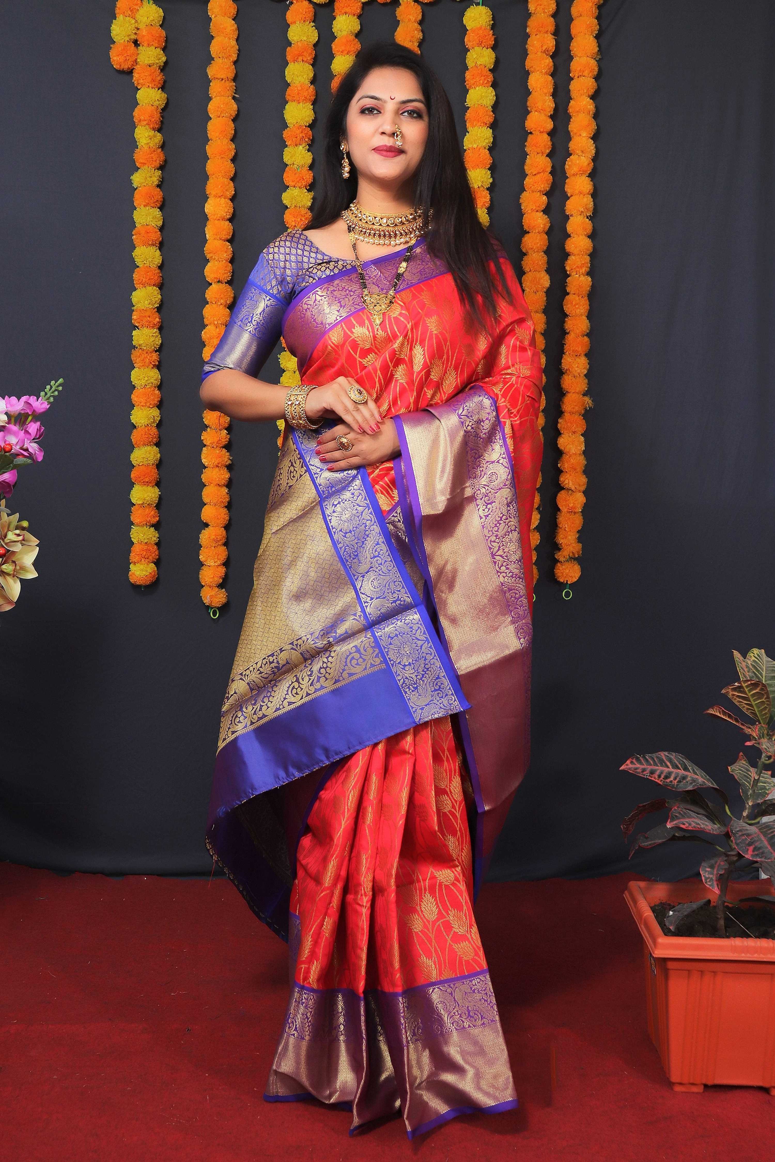 Jyoti Fashion Women's Red Kanchipuram Silk Zari Woven Saree with Blouse