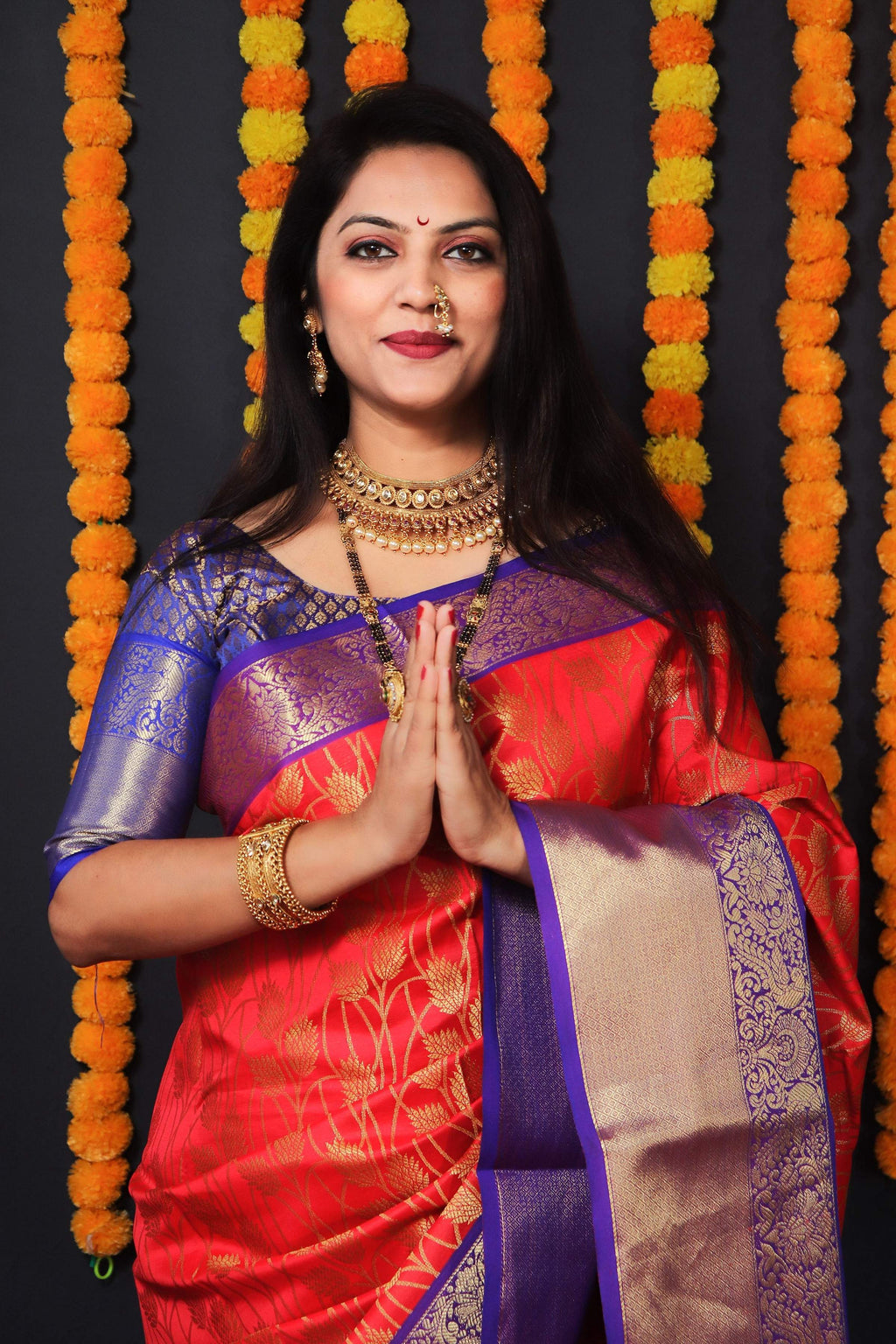 Jyoti Fashion Women's Red Kanchipuram Silk Zari Woven Saree with Blouse
