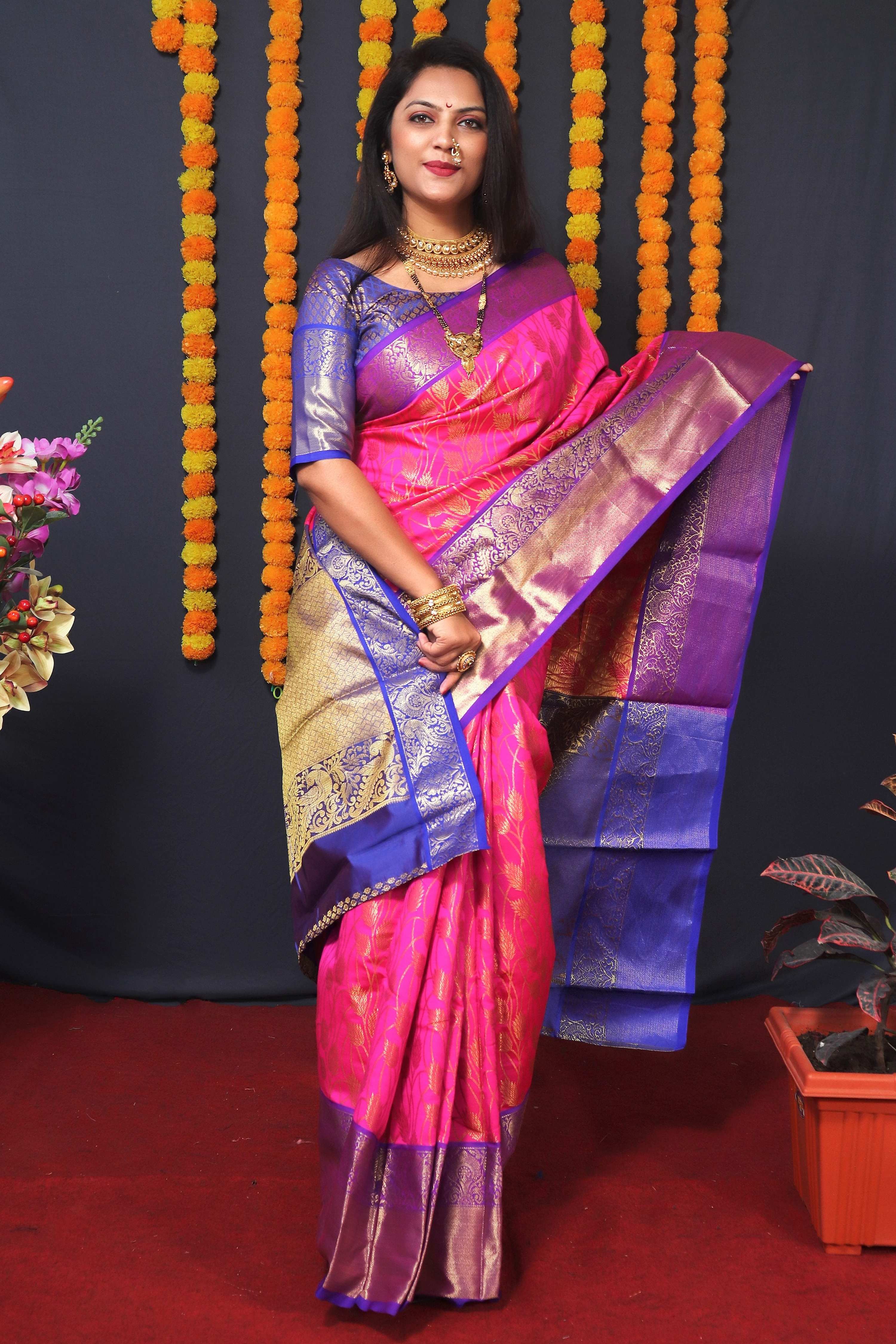 Jyoti Fashion Women's Pink Kanchipuram Silk Zari Woven Saree with Blouse