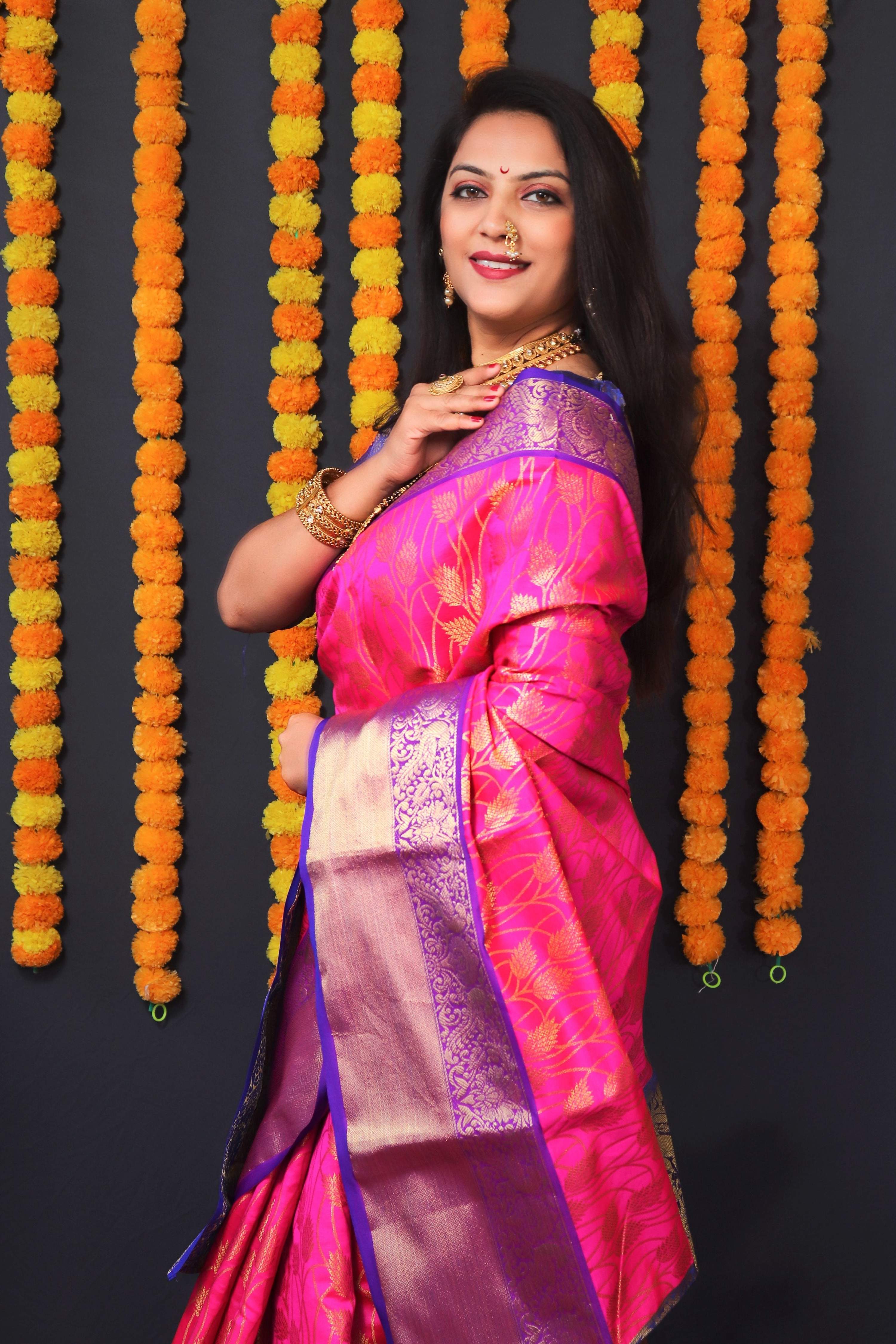 Jyoti Fashion Women's Pink Kanchipuram Silk Zari Woven Saree with Blouse