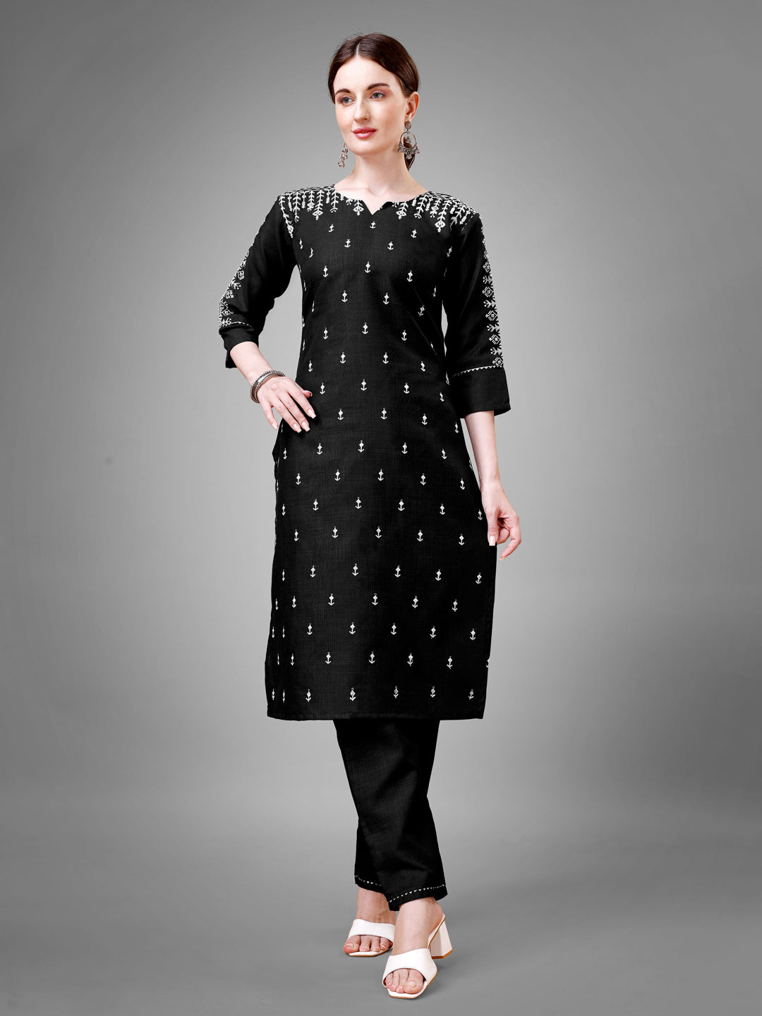 Jyoti Fashion Women's Black Cotton Blend Sequins with Embroidered Kurta Set