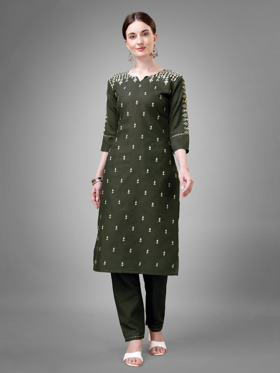 Jyoti Fashion Women's Dark Green Cotton Blend Sequins with Embroidered Kurta Set