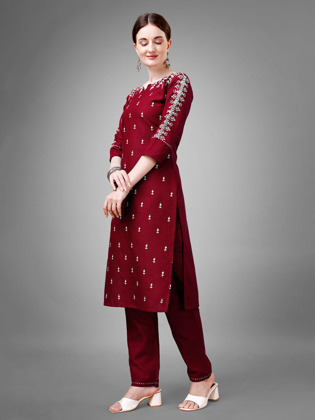 Jyoti Fashion Women's Maroon Cotton Blend Sequins with Embroidered Kurta Set