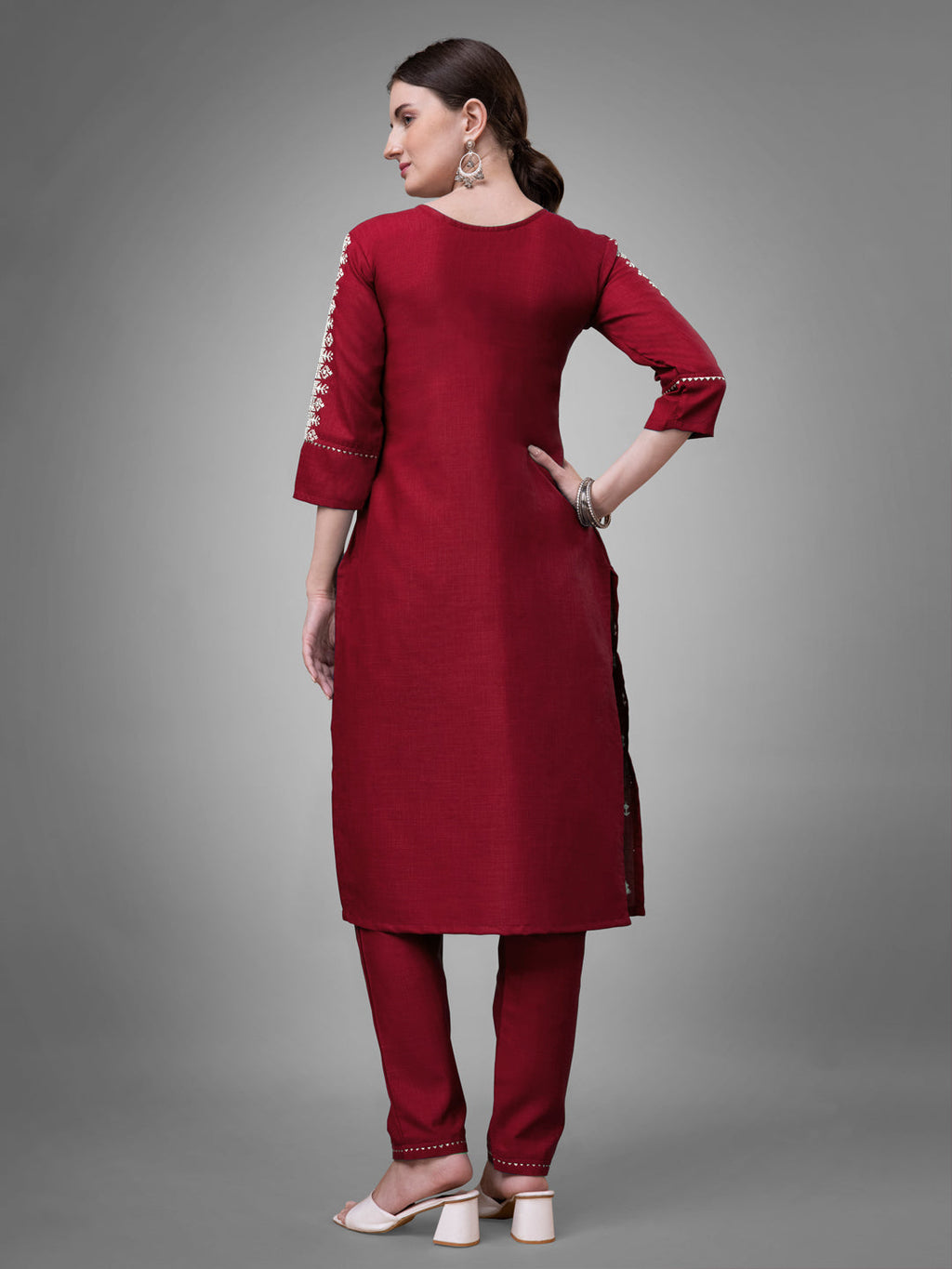 Jyoti Fashion Women's Maroon Cotton Blend Sequins with Embroidered Kurta Set