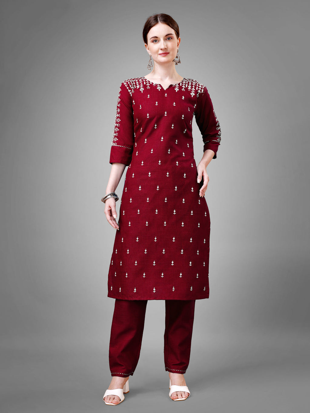 Jyoti Fashion Women's Maroon Cotton Blend Sequins with Embroidered Kurta Set
