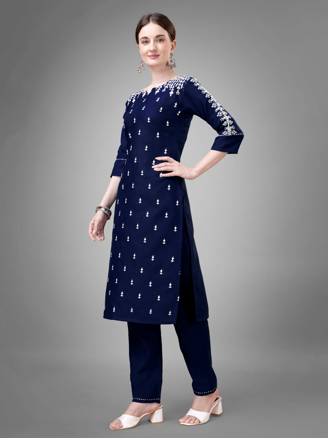 Jyoti Fashion Women's Navy Blue Cotton Blend Sequins with Embroidered Kurta Set