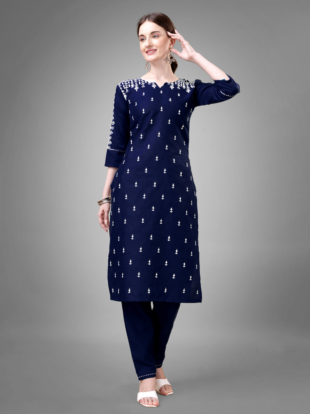 Jyoti Fashion Women's Navy Blue Cotton Blend Sequins with Embroidered Kurta Set