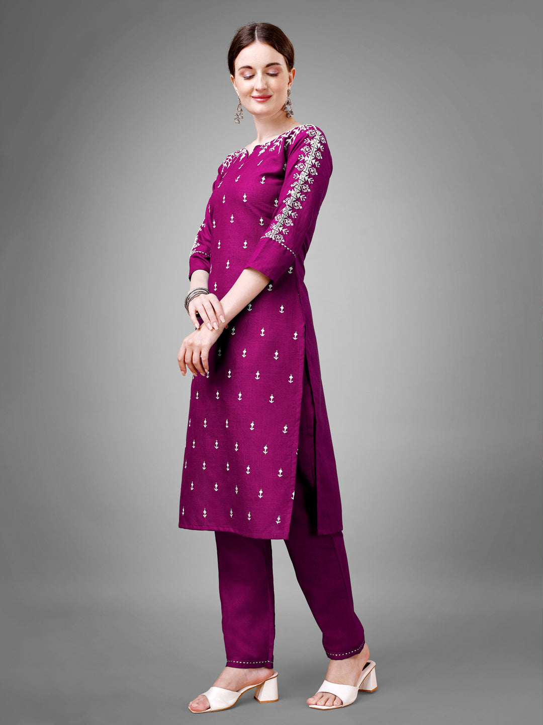 Jyoti Fashion Women's Purple Cotton Blend Sequins with Embroidered Kurta Set