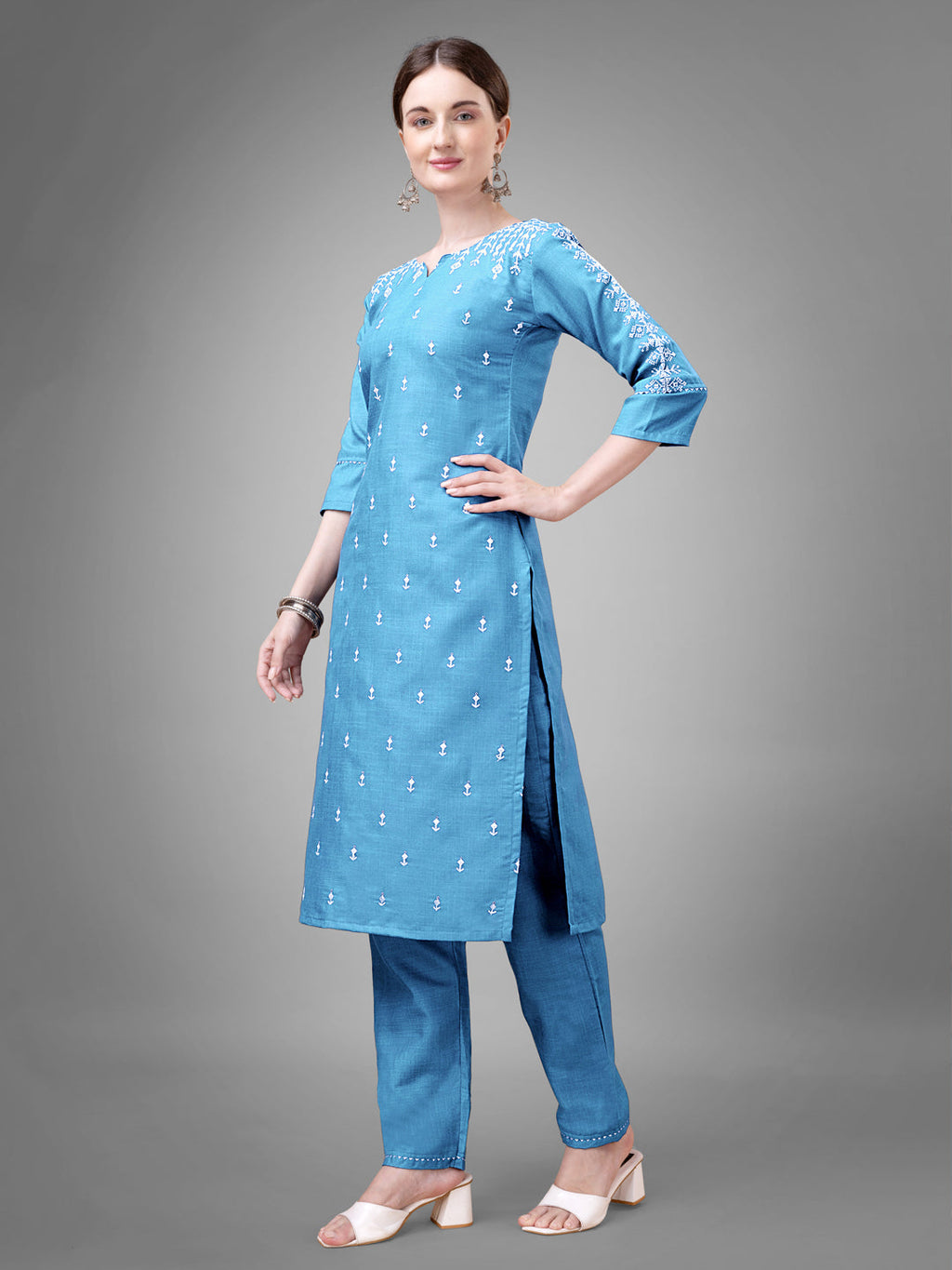 Jyoti Fashion Women's Sky Blue Cotton Blend Sequins with Embroidered Kurta Set