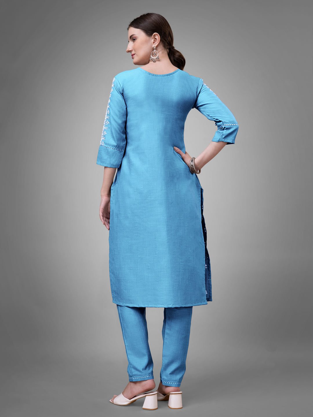 Jyoti Fashion Women's Sky Blue Cotton Blend Sequins with Embroidered Kurta Set