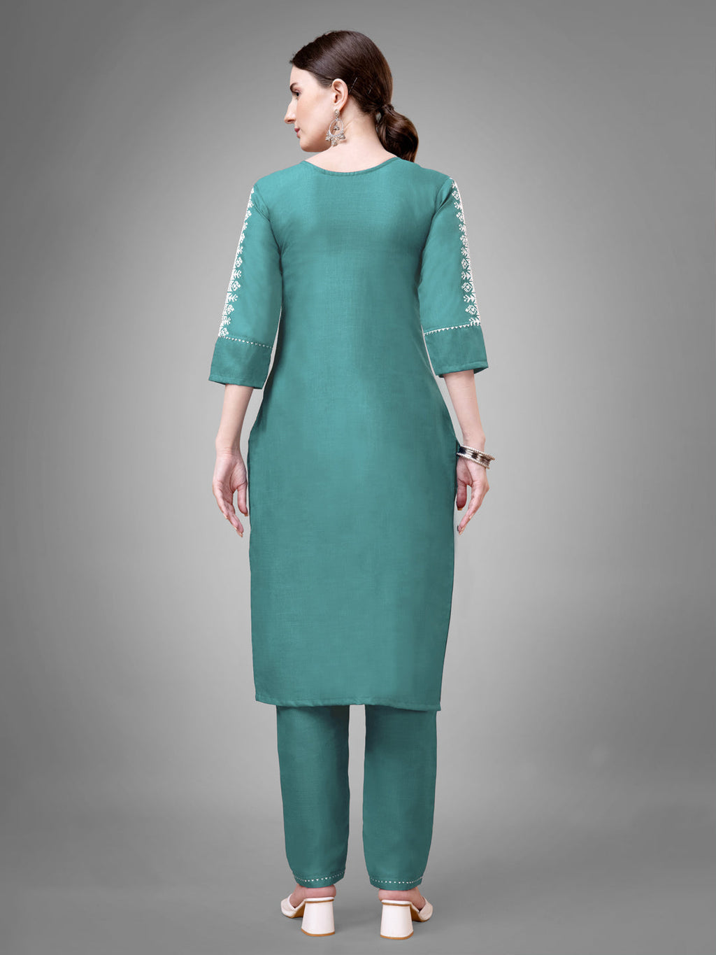 Jyoti Fashion Women's Teal Cotton Blend Sequins with Embroidered Kurta Set