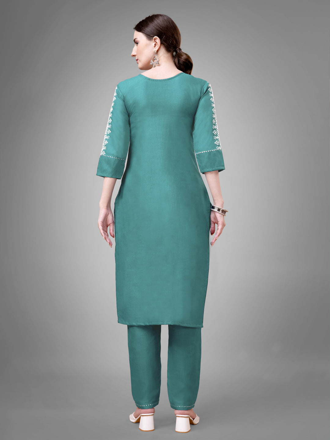 Jyoti Fashion Women's Teal Cotton Blend Sequins with Embroidered Kurta Set