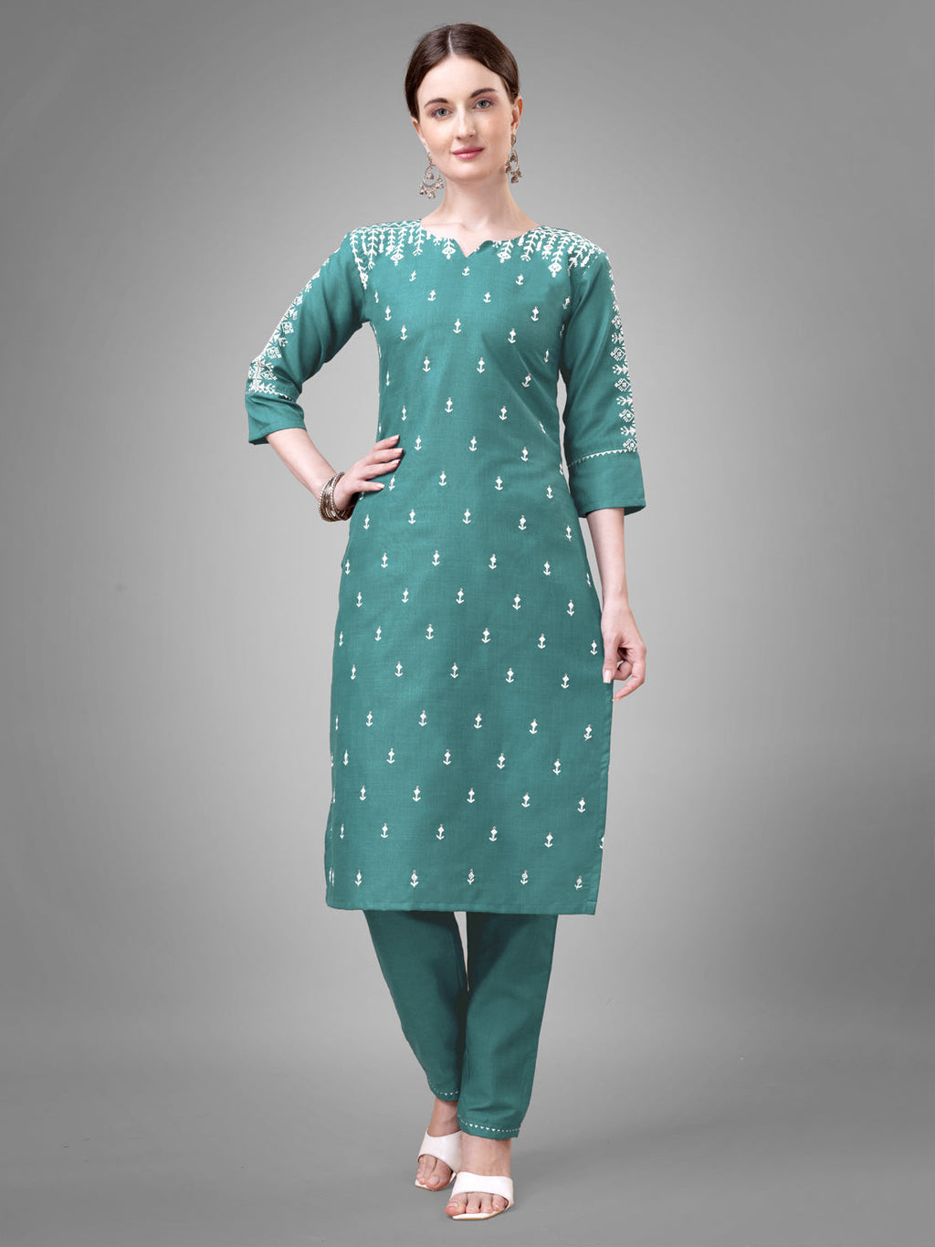 Jyoti Fashion Women's Teal Cotton Blend Sequins with Embroidered Kurta Set