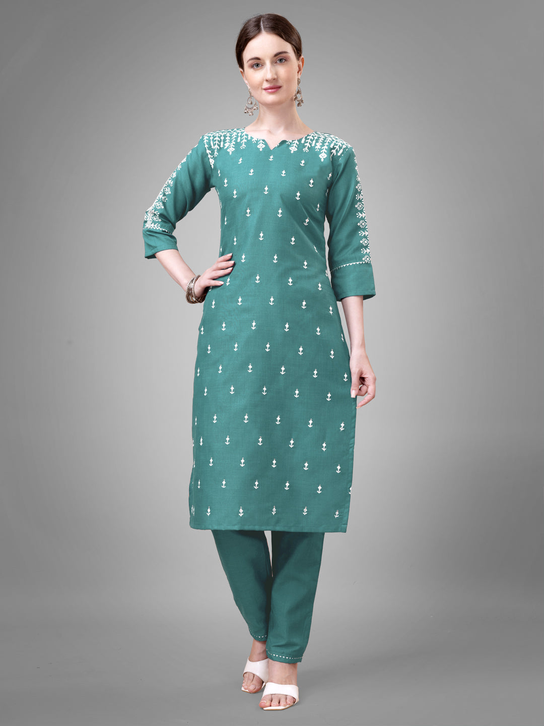 Jyoti Fashion Women's Teal Cotton Blend Sequins with Embroidered Kurta Set