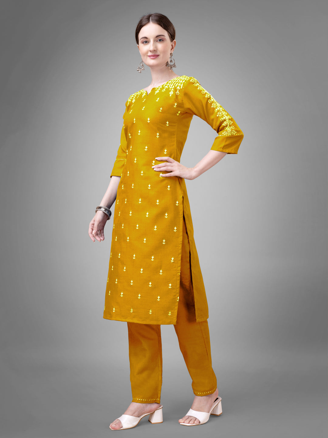 Jyoti Fashion Women's Yellow Cotton Blend Sequins with Embroidered Kurta Set