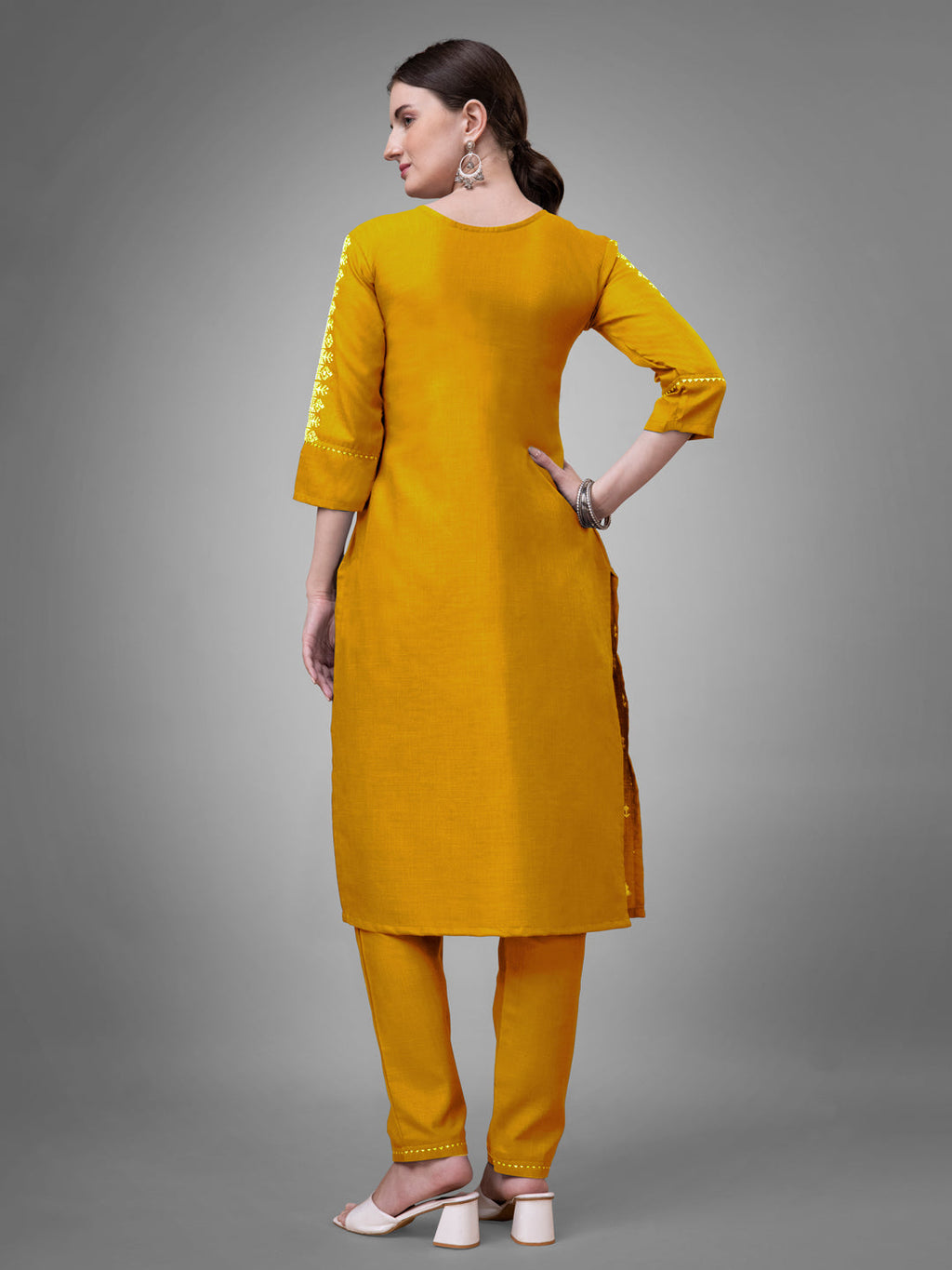 Jyoti Fashion Women's Yellow Cotton Blend Sequins with Embroidered Kurta Set