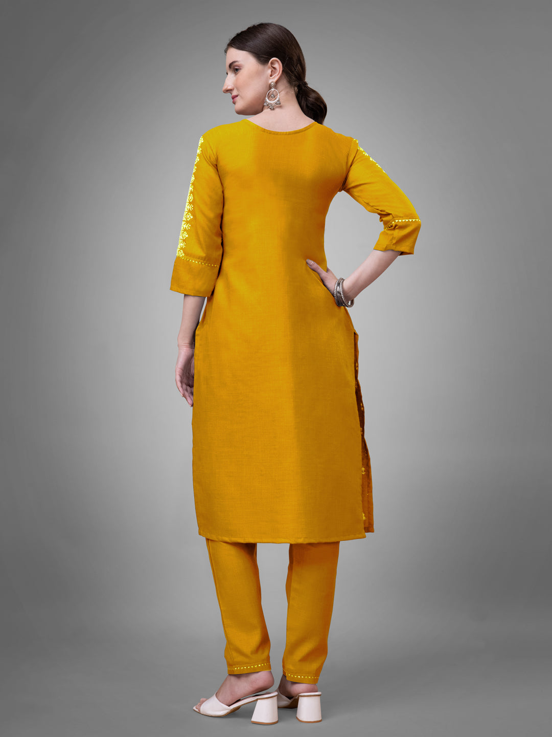 Jyoti Fashion Women's Yellow Cotton Blend Sequins with Embroidered Kurta Set