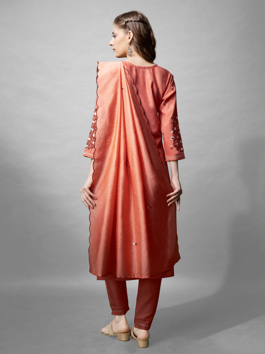Jyoti Fashion Women's Coral Cotton Blend Embroidered Kurta Set