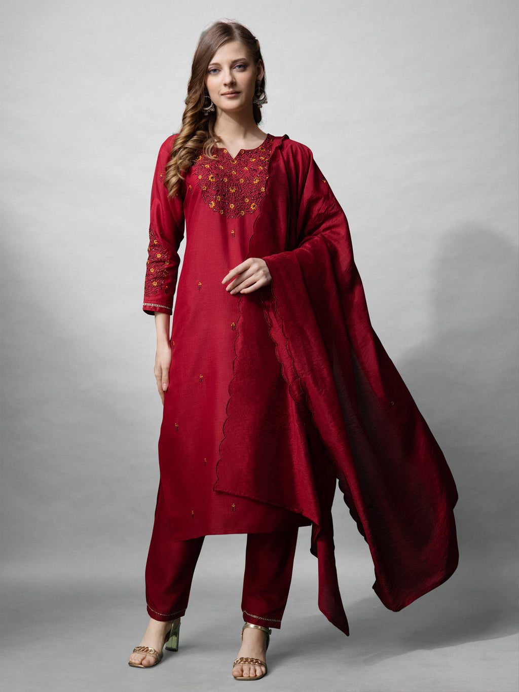 Jyoti Fashion Women's Maroon Cotton Blend Embroidered Kurta Set